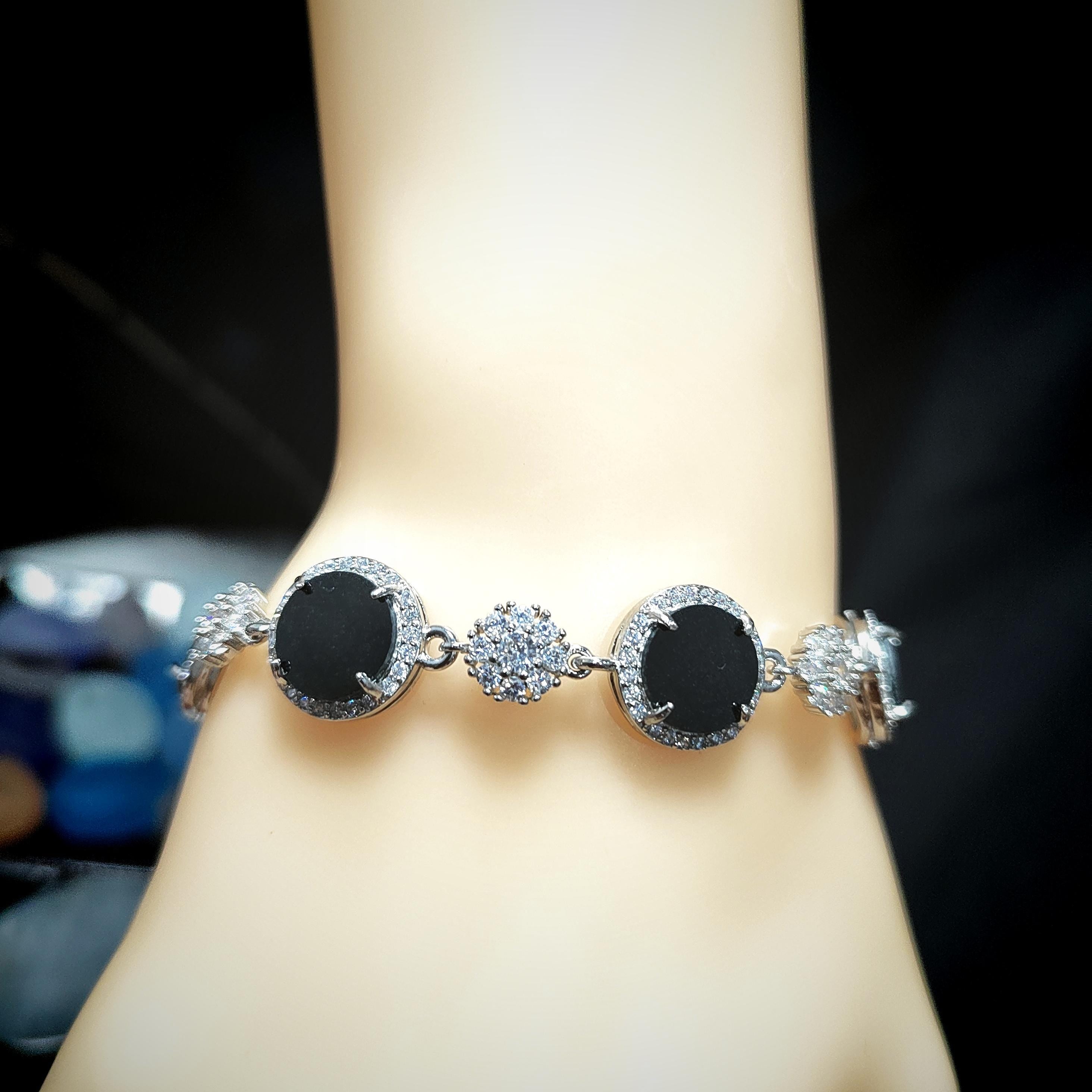 Certified Unique Natural Untreated Burmese Black Ink Jadeite Bracelet Full with Zircon Stone Set SL373