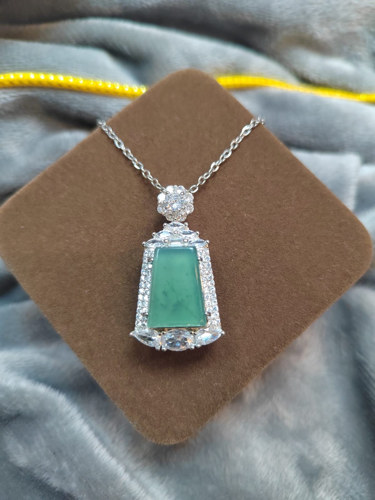A-Grade Gemstone Elegant Guatemala Green Ocean Flat Cut Jade Pendant Necklace | Brass Plating & Zirconia | For Her SL8009