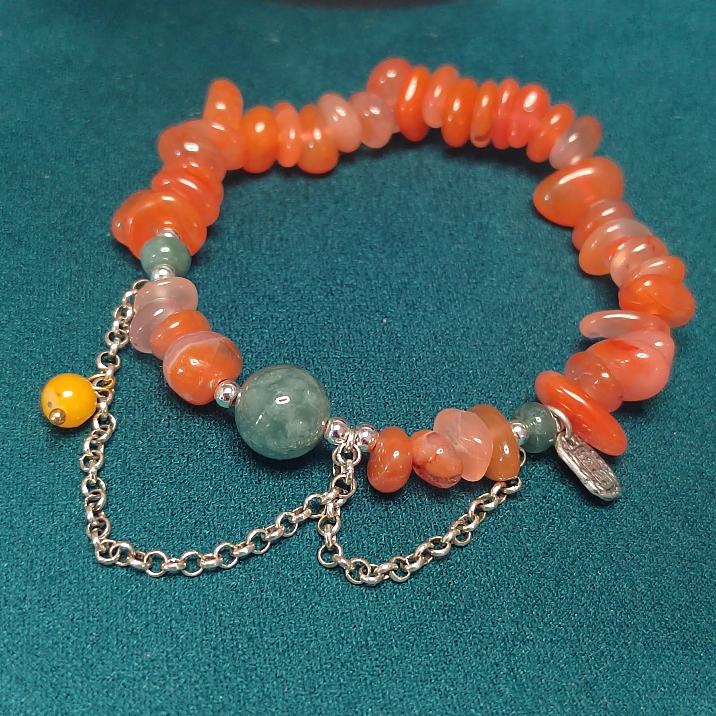 Natural Handmade China Icy Uneven Cut Orange Red Nanhong Agate, Beeswax Amber & Burmese Jadeite Bead Bracelet Jewelry SL326