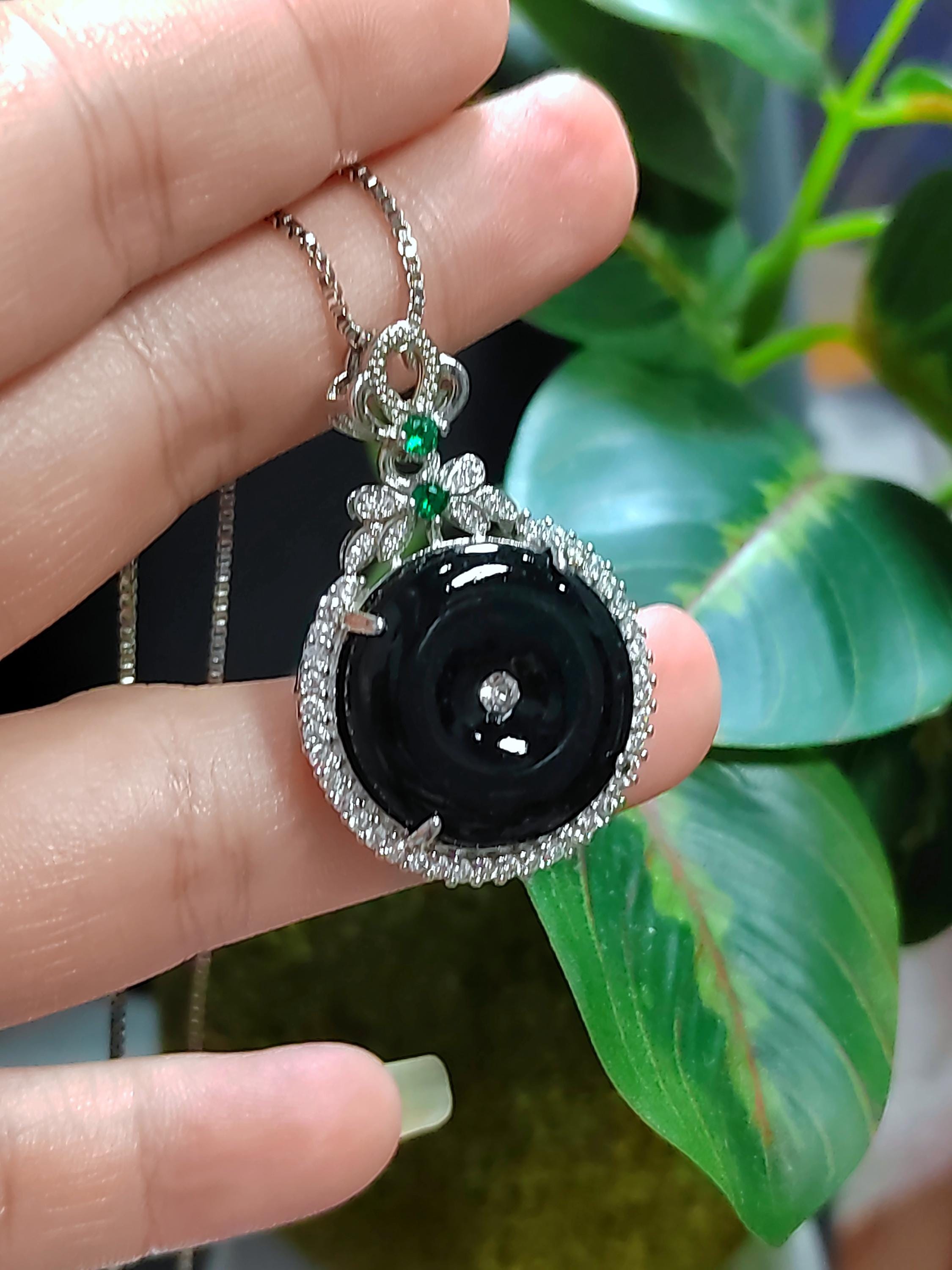 Certified A-Grade Necklace Natural Gemstone Untreated Black Ink Donut Shape Jadeite Zirconia Accents on 18K White Gold For Her Gifts SL059 - SL Precious
