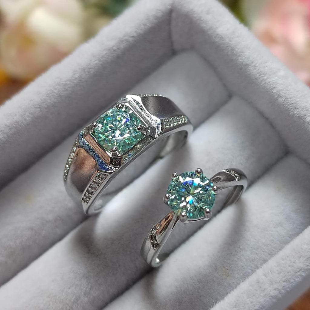 Light Blue Moissanite Couple Rings with Zircon Accents Set 925 Silver Plated with 18K White Gold Wedding-Engagement - Birthday Gifts SL090 - SL Precious