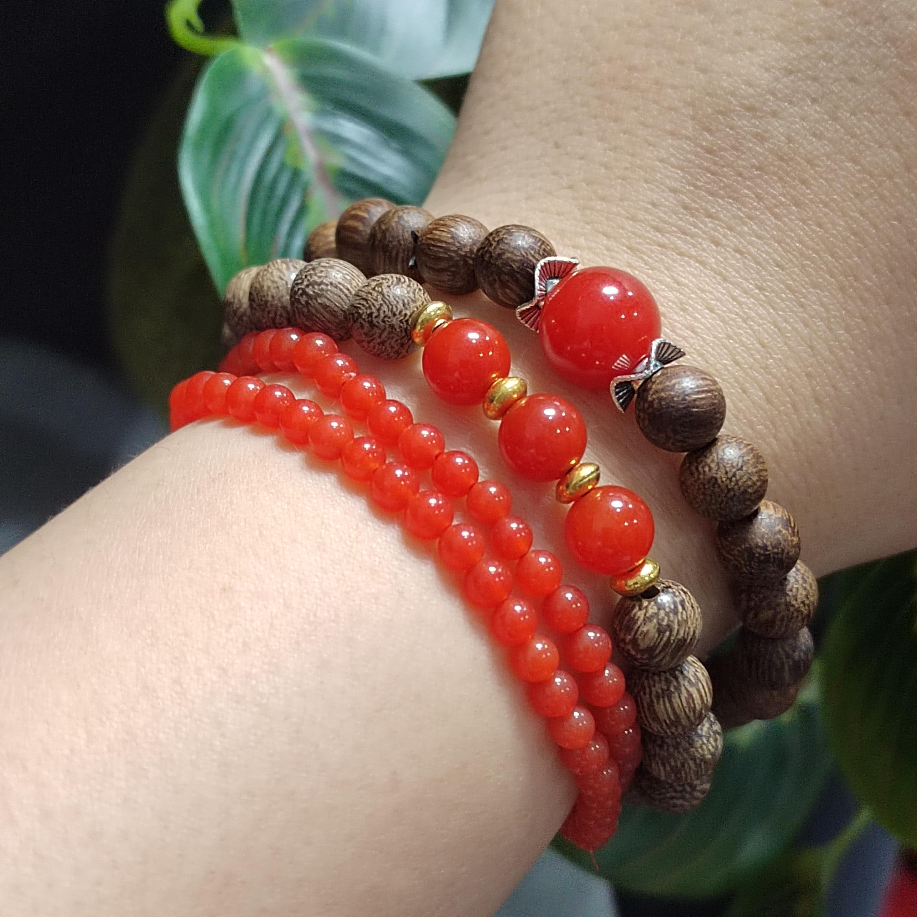 Natural Yunna Baoshan Persimmon Icy Red Nanhong Agate| Natural Agarwood Bead Bracelet 2pcs Set Stacked Design SL393