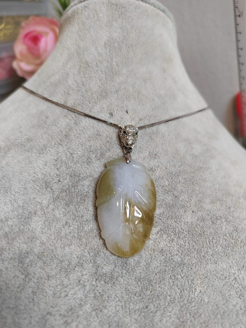 Luxurious Yellow Jadeite Leaf Pendant - Exquisite Panther Bail, 925 Sterling Silver Plated with 18K White Gold SL8000 - SL Precious