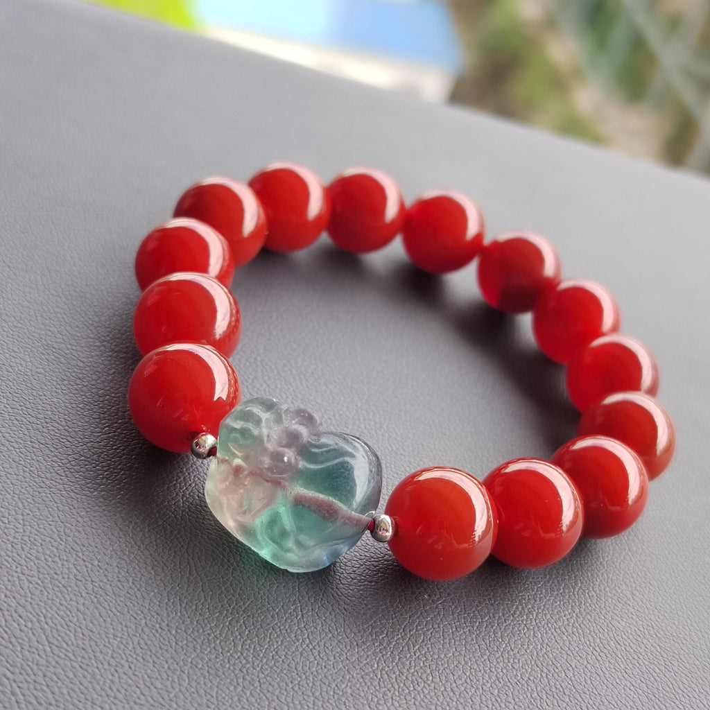 Certified A-Grade Natural China Baoshan Southern Red Oily Nanhong & Fluorite Brave Troops Bead Bracelet Handmade Design SL282