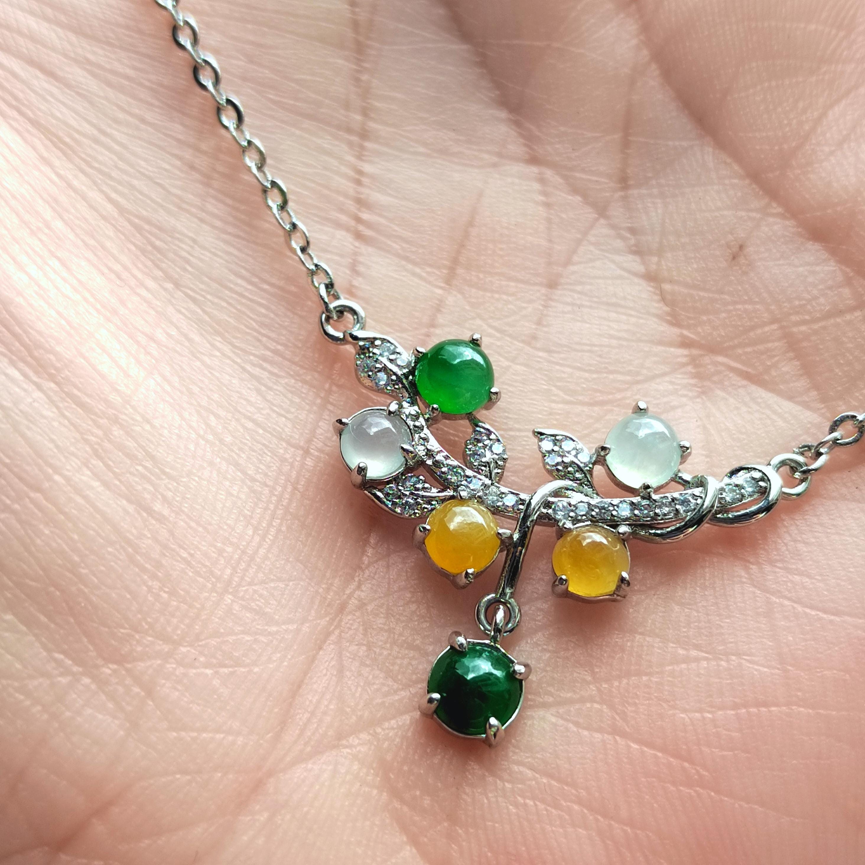 3 Colors Women Burmese Icy White, Yellow, Imperial Green Jadeite Necklace with Zircon Accent 925 Silver Plated with 18K White Gold SL082