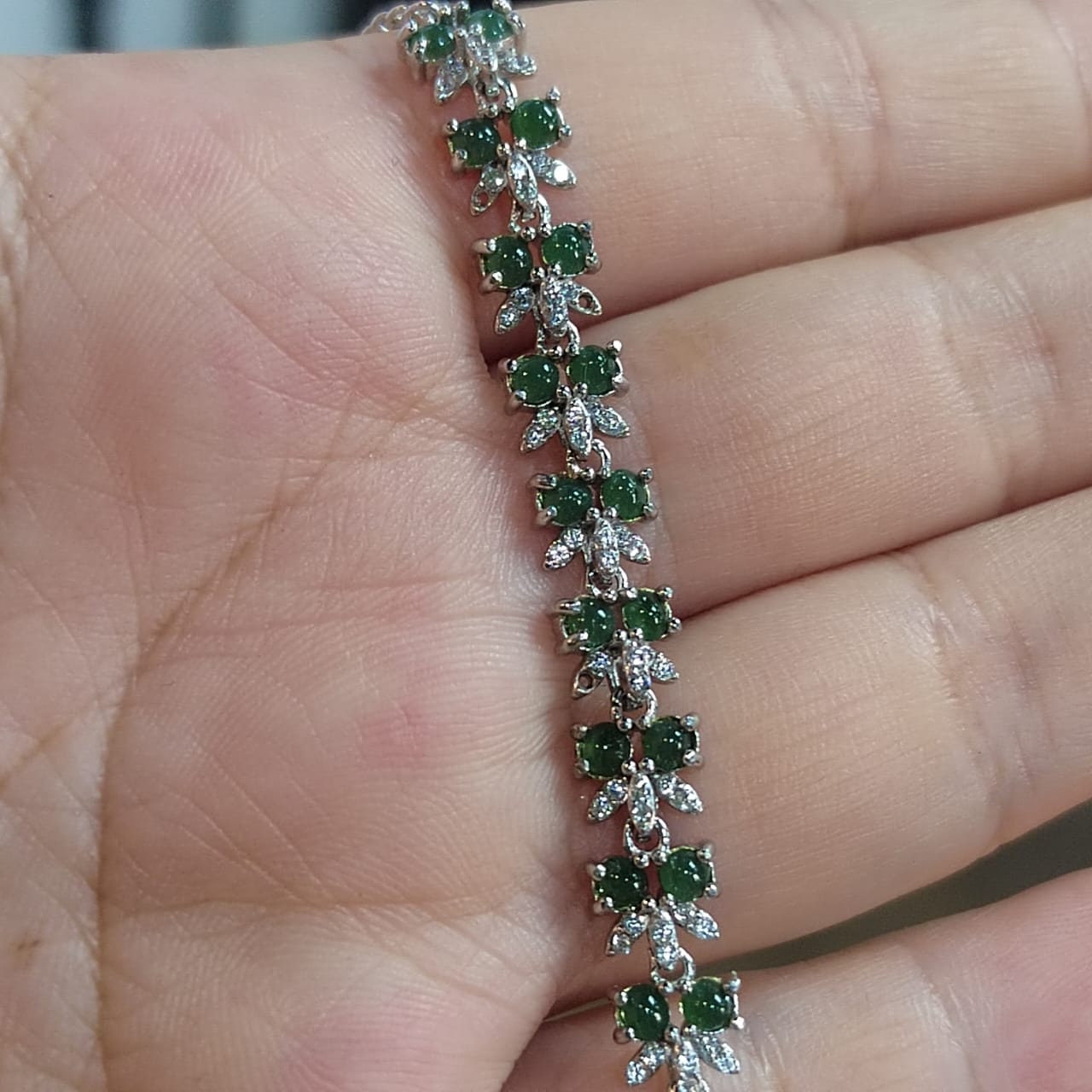 A-Grade Guatemala Small Icy Green Jadeite Beads with Zirconia Stones "Butterflies" on 925 Silver Bracelet SL029