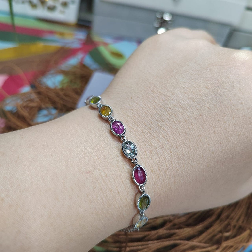 Elegant 5-Color Minimalist 1ct Oval Tourmaline Bracelet on 925 Sterling Silver, Dainty Gemstone Gift for Her SL036 - SL Precious