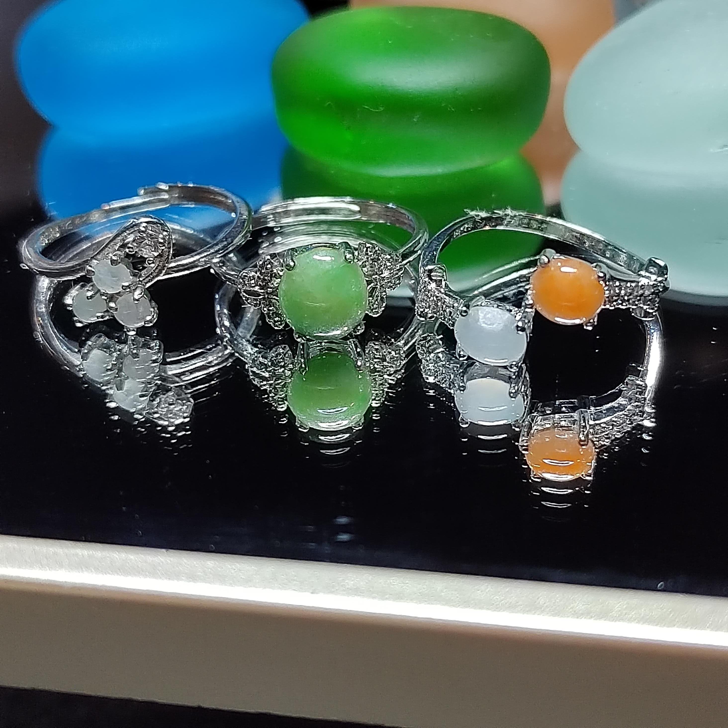 3pcs Set Natural Untreated Burmese Jadeite Rings | Imperial Green Orange Icy White | S925 Silver | Free Shipping SL407