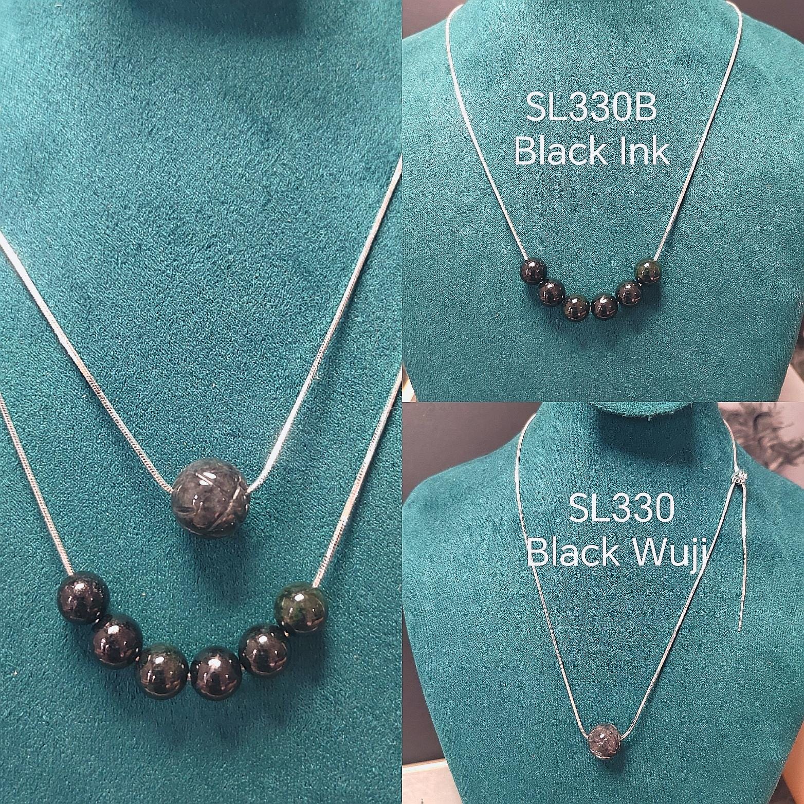 Burmese Black Jadeite Lotus Necklace: S9999 Silver Minimalist Chain SL330 / SL330B