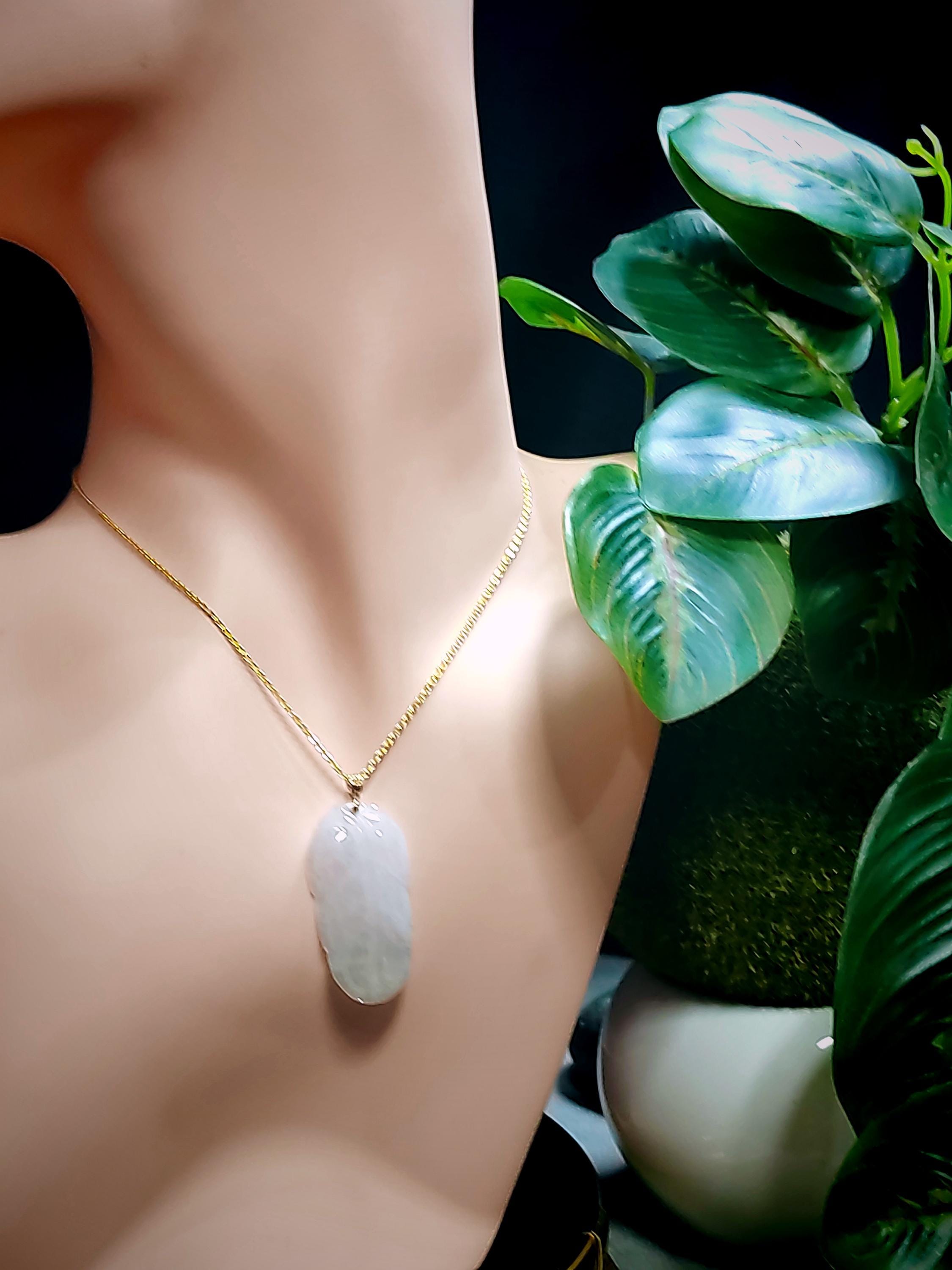 Certified Burmese A-Grade Icy Snow|雪花棉 Leaf Cloud Beautiful Jadeite Pendant 18k Solid Yellow Gold Best Gift For Her, Mom, Wife SL802 - SL Precious