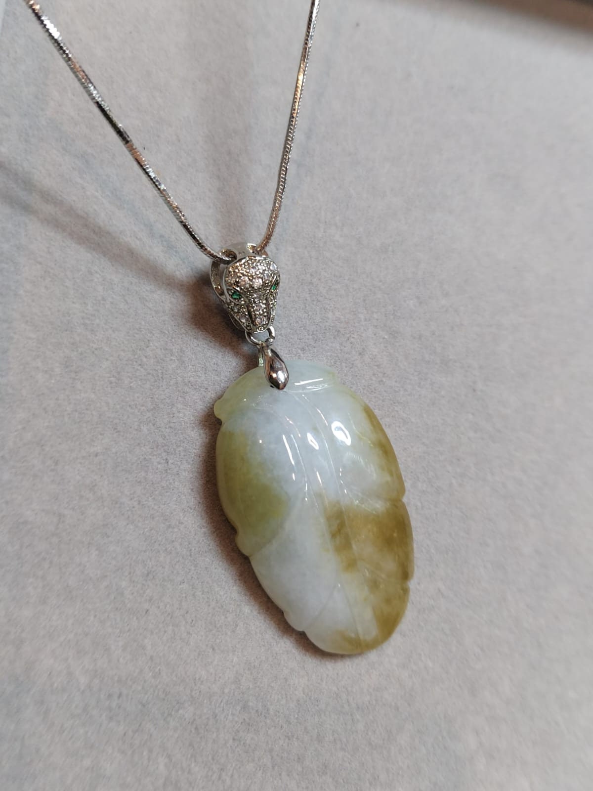 Luxurious Yellow Jadeite Leaf Pendant - Exquisite Panther Bail, 925 Sterling Silver Plated with 18K White Gold SL8000 - SL Precious