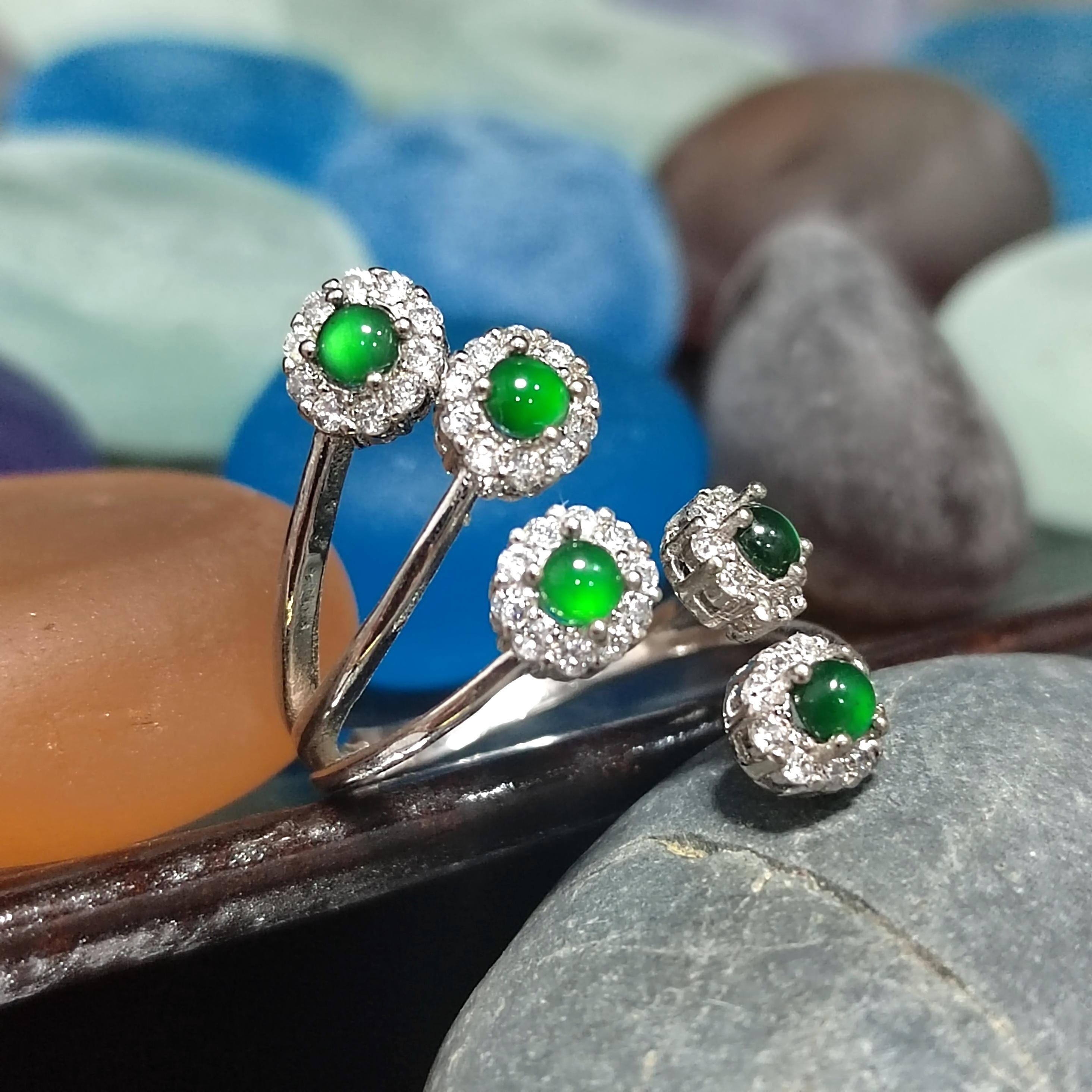 Certified Natural Untreated Guatemala Imperial Green 5pcs Flower Adjustable Design Zircon Set S925 Sterling Silver Jadeite Ring SL372