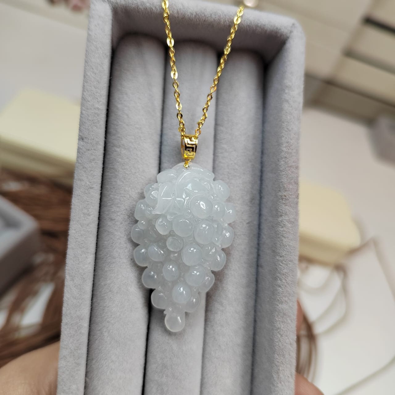 Certified Burmese Gemstone A-Grade White Icy Hand Carved Grape Shape Jadeite Pendant | 18k Solid Yellow Gold Buckle | Gifts For Her SL8020 - SL Precious