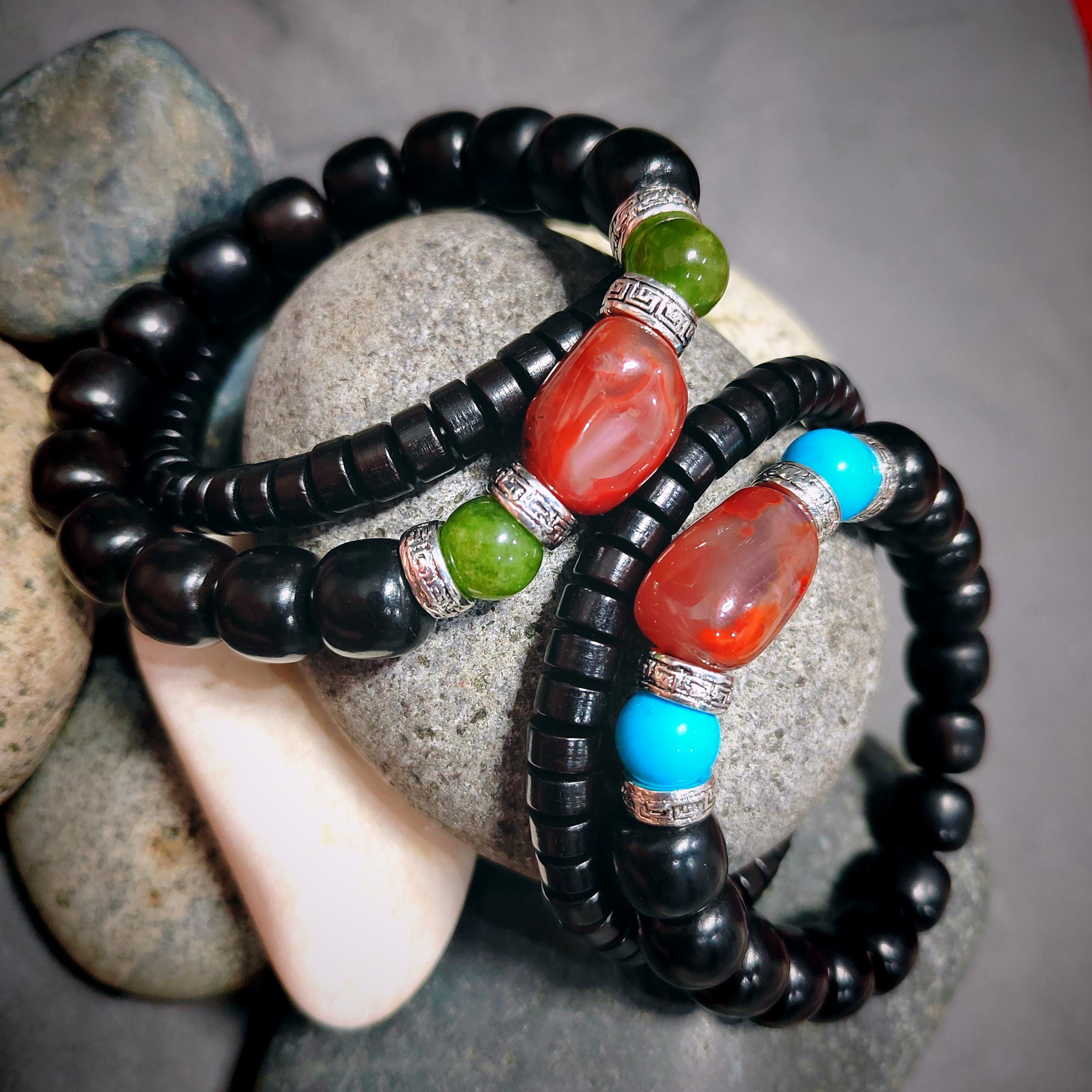 Handmade Ebony Wood Bead Bracelet Set |Unisex Jewelry with Silver and Natural Nanhong Tourmaline| Turquoise Accents SL388