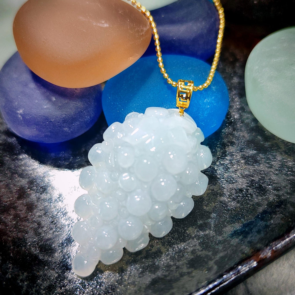 Certified Burmese Gemstone A-Grade White Icy Hand Carved Grape Shape Jadeite Pendant | 18k Solid Yellow Gold Buckle | Gifts For Her SL8020 - SL Precious