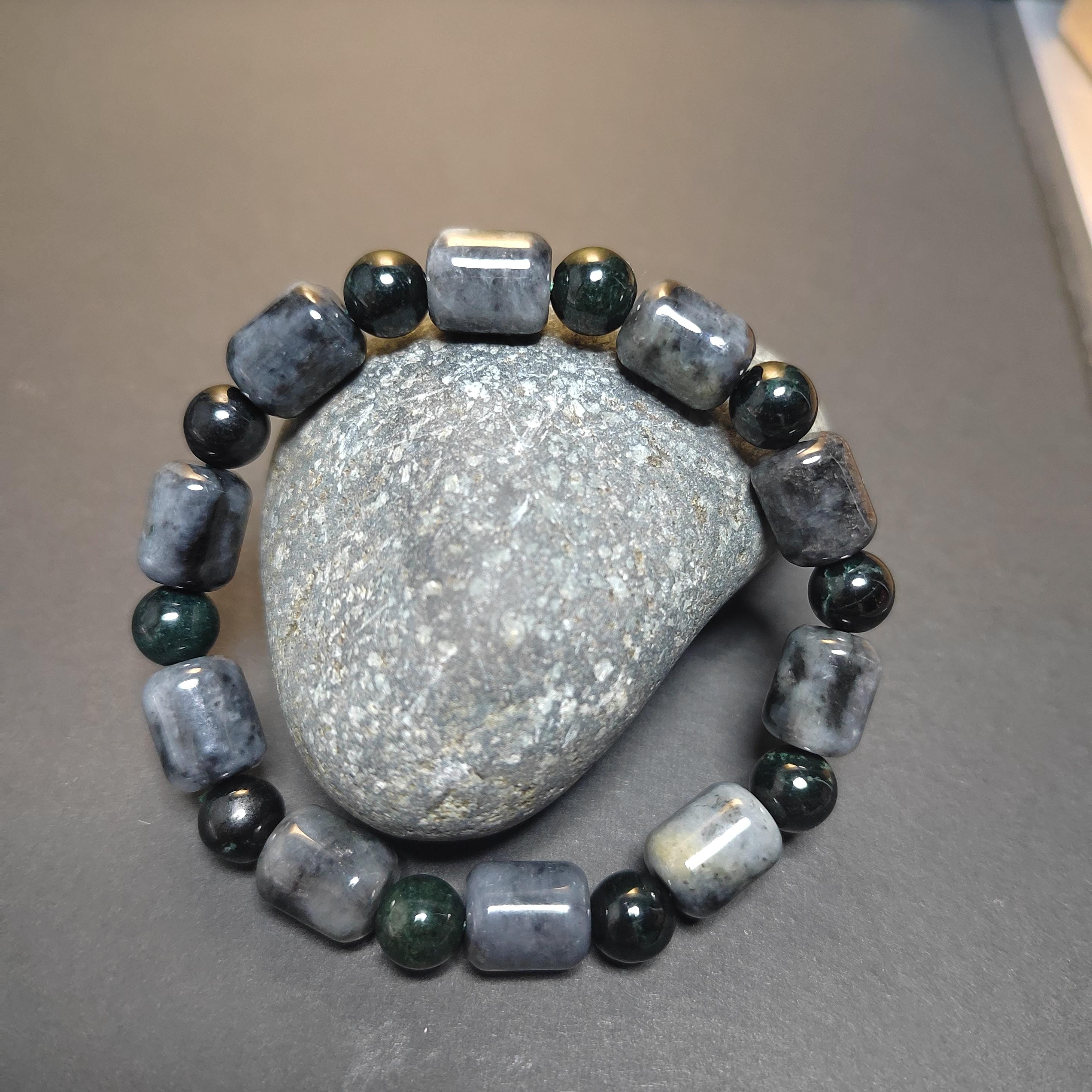 Natural Certified Burmese Cylinder Black/Grey Wuji & Round Bead Black Ink Jadeite Bracelet SL229 - SL Precious