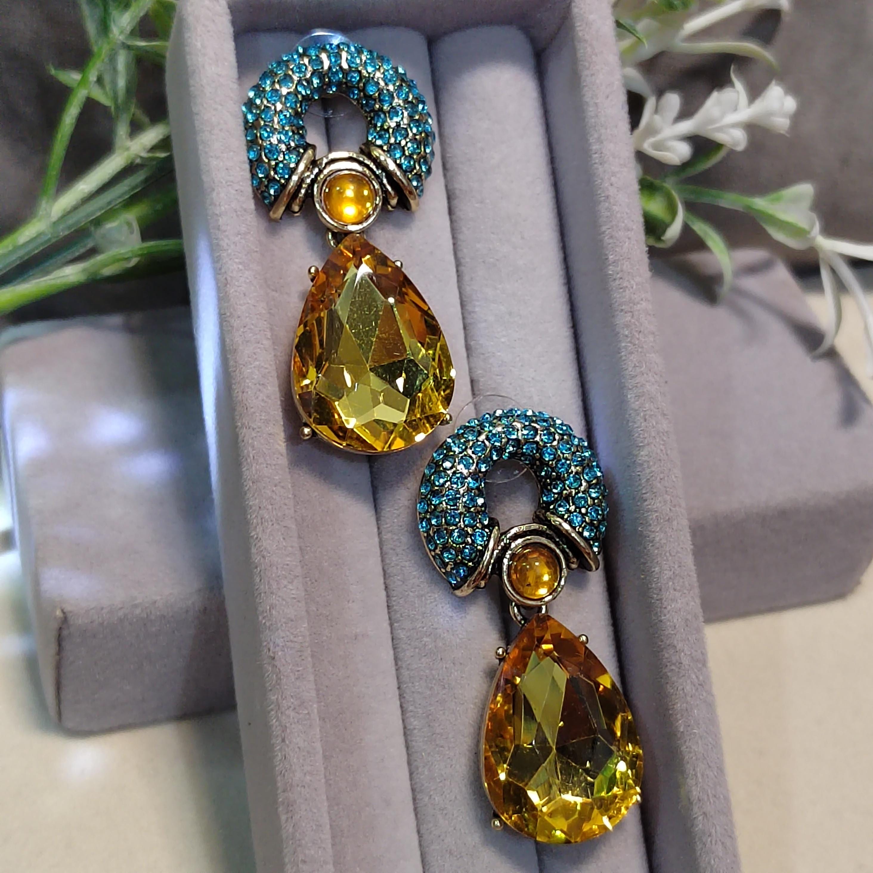 Rhinestone 925 Silver Stud Chucky Earrings Luxury Blue Yellow Wedding, Anniversary, Party, Casual SL158 - SL Precious