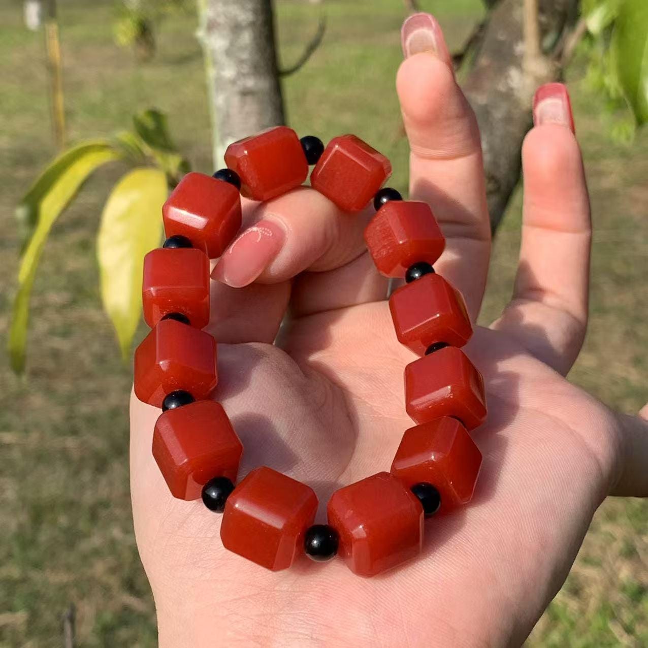 Certified A-Grade Natural Southern Baoshan Yunna Square Shape Icy Red Agate Beads Bracelet Untreated SL266X25 云南保山南红方糖手串，冰红，满肉，透光