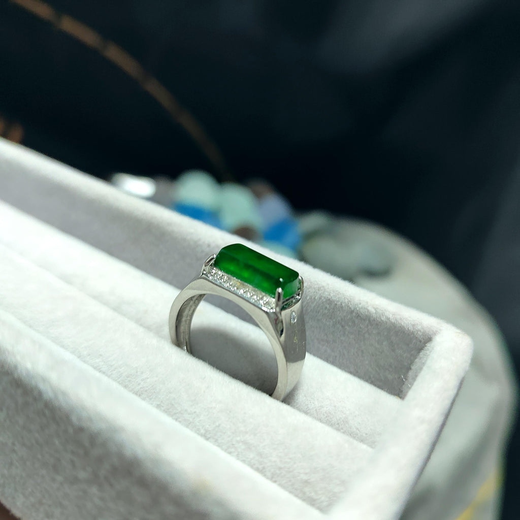 Certified A-Grade Natural Untreated Guatemala Imperial Green Men Ring S925 Sterling Silver Zircon Set SL374