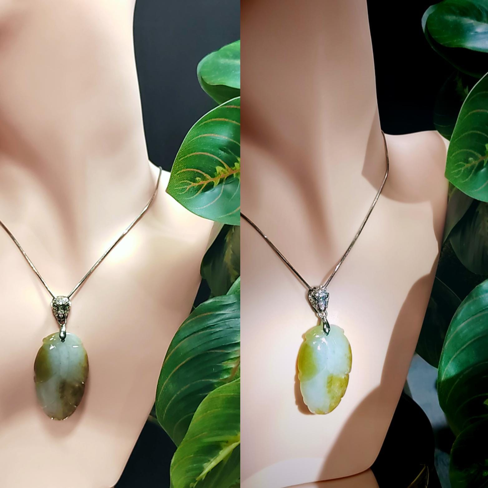 Luxurious Yellow Jadeite Leaf Pendant - Exquisite Panther Bail, 925 Sterling Silver Plated with 18K White Gold SL8000 - SL Precious