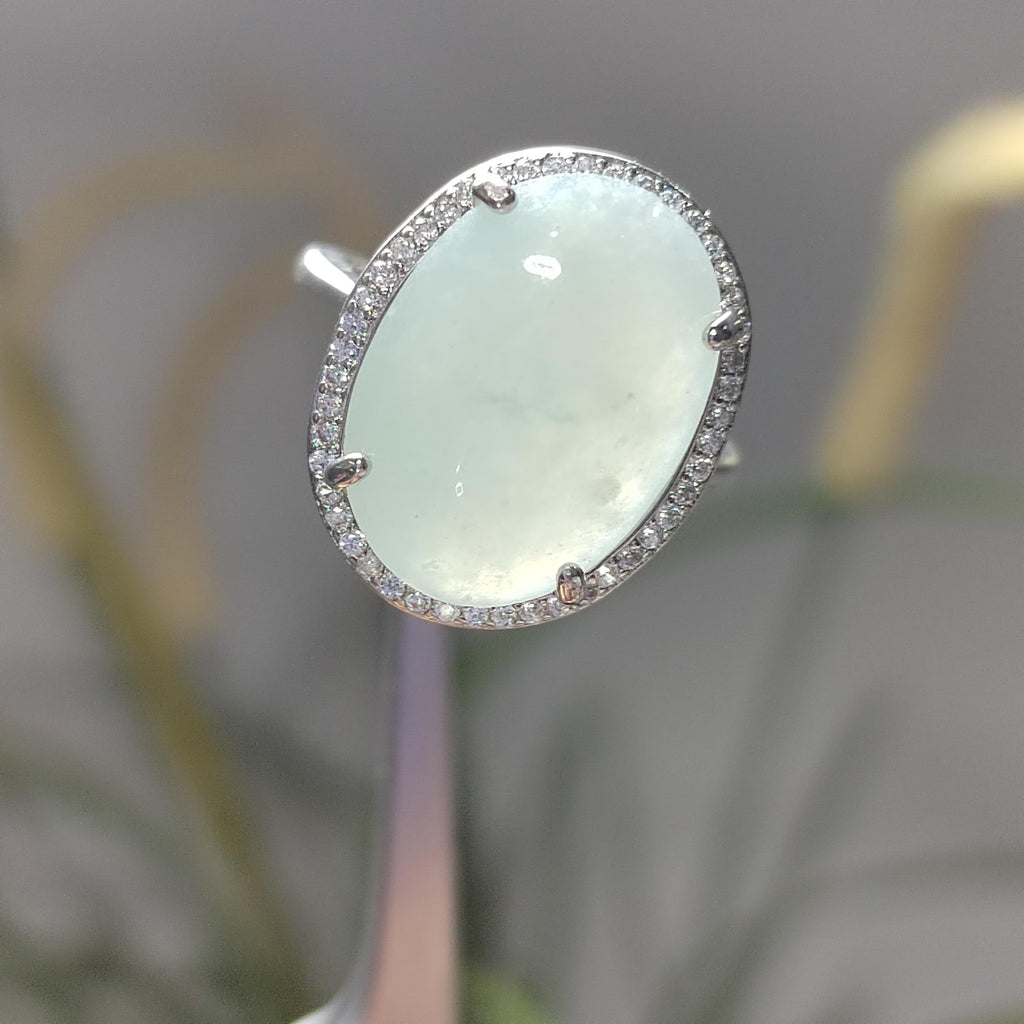 Burmese A-Grade Natural White Icy Blue Jadeite Ring | Floral Zirconia Adjustable SL085