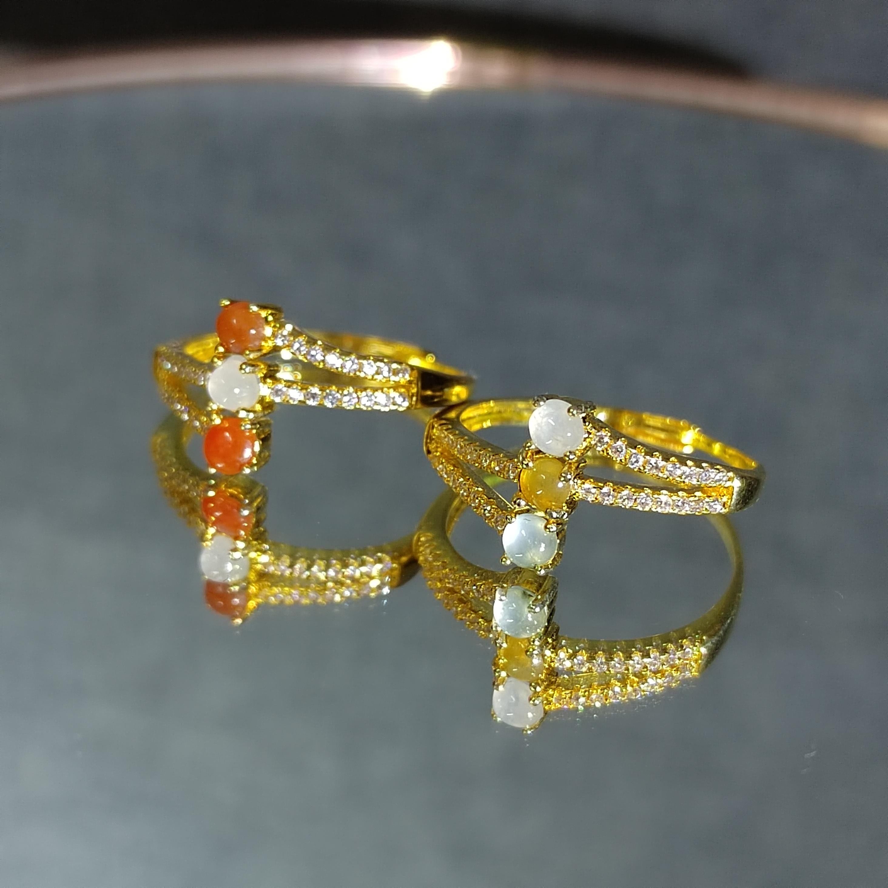 Burmese Natural Icy Jadeite Zircon Ring 18k Gold Plated S925 Minimalist Design For Her, 2 Design Red White & White Yellow SL140 SL141