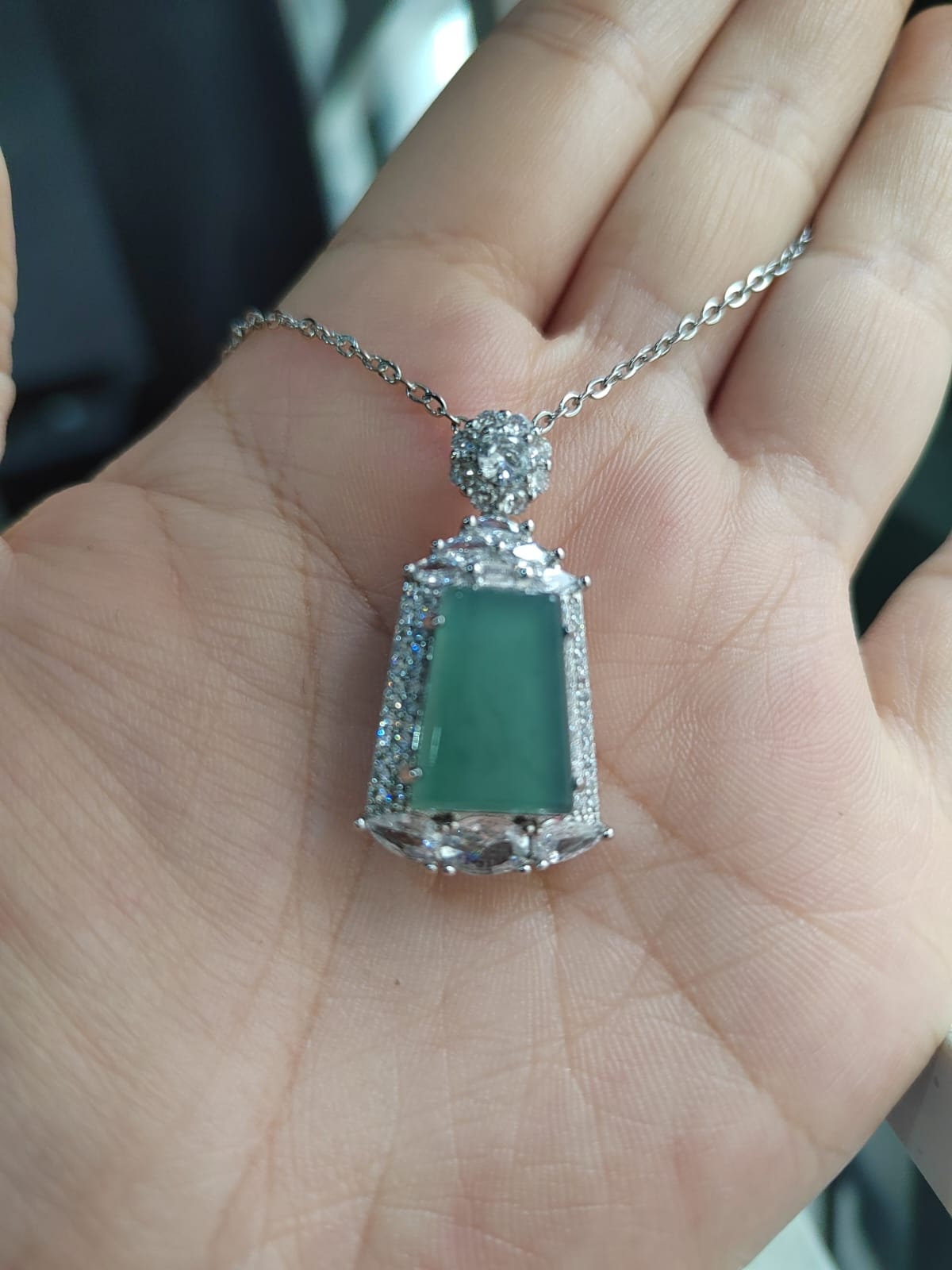 A-Grade Gemstone Elegant Guatemala Green Ocean Flat Cut Jade Pendant Necklace | Brass Plating & Zirconia | For Her SL8009