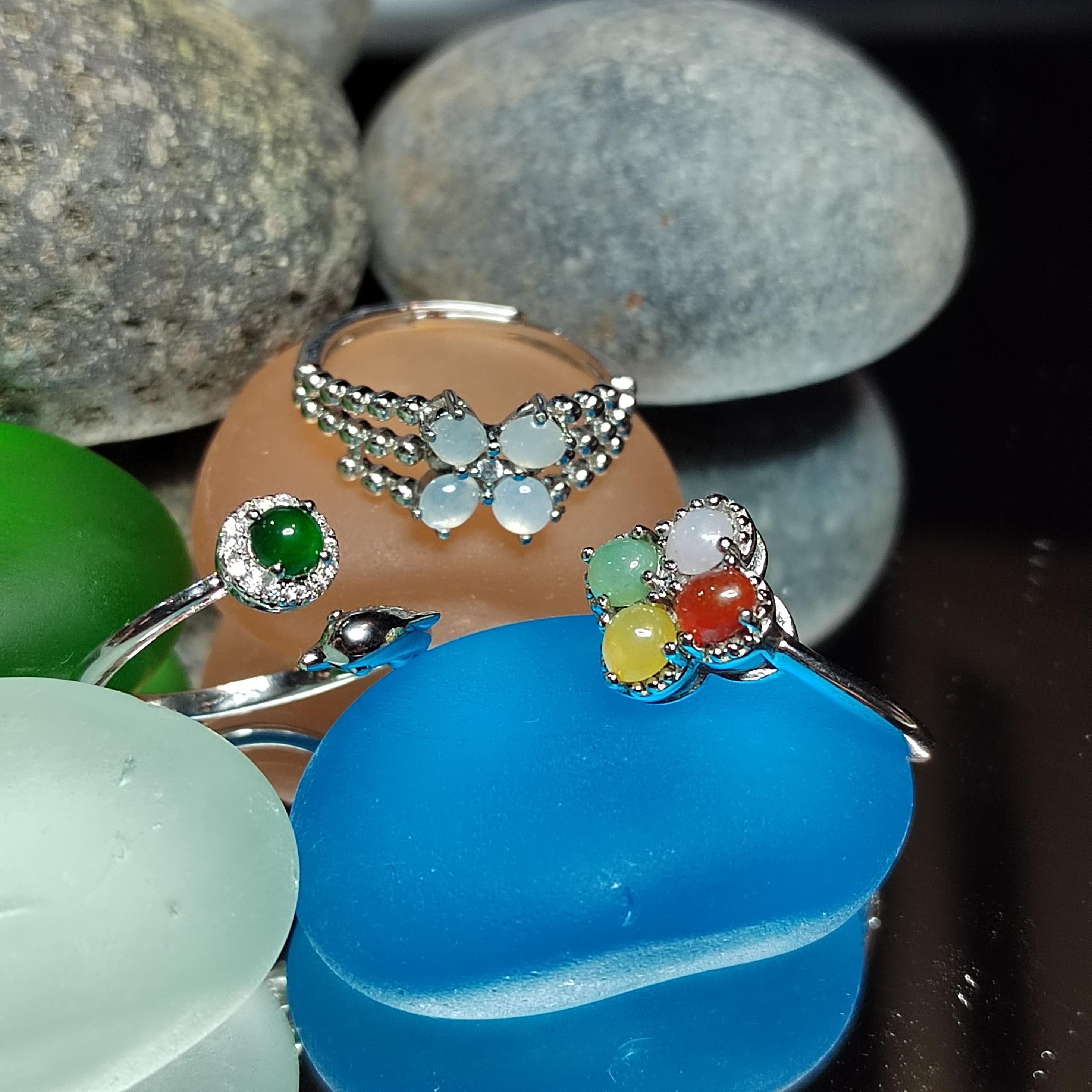 3pcs Set Natural Burmese Jadeite Rings | Four-Color Lucky Flower, Dolphin Green Jade, White Flower Design | Adjustable S925 Silver SL409