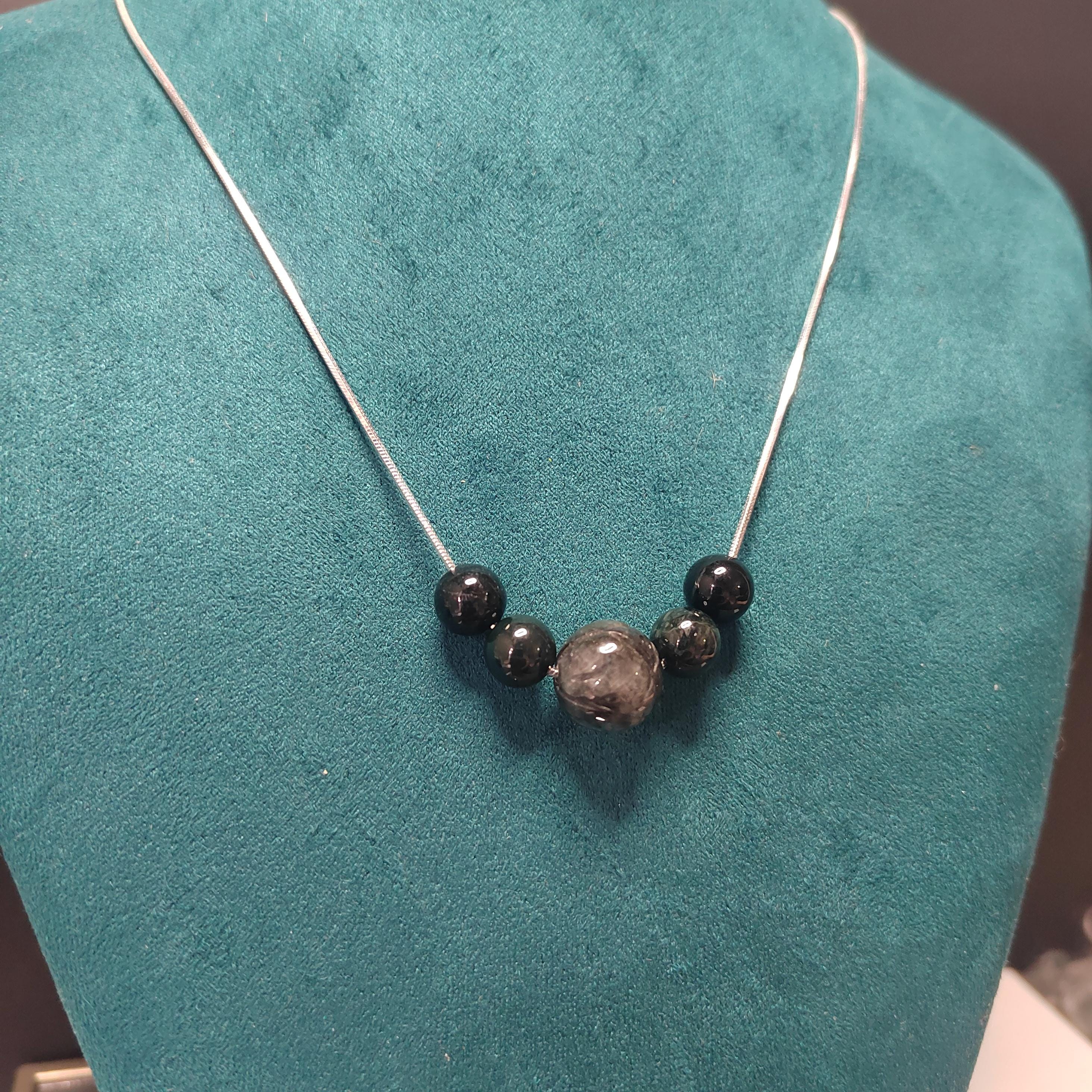 Burmese Black Jadeite Lotus Necklace: S9999 Silver Minimalist Chain SL330 / SL330B