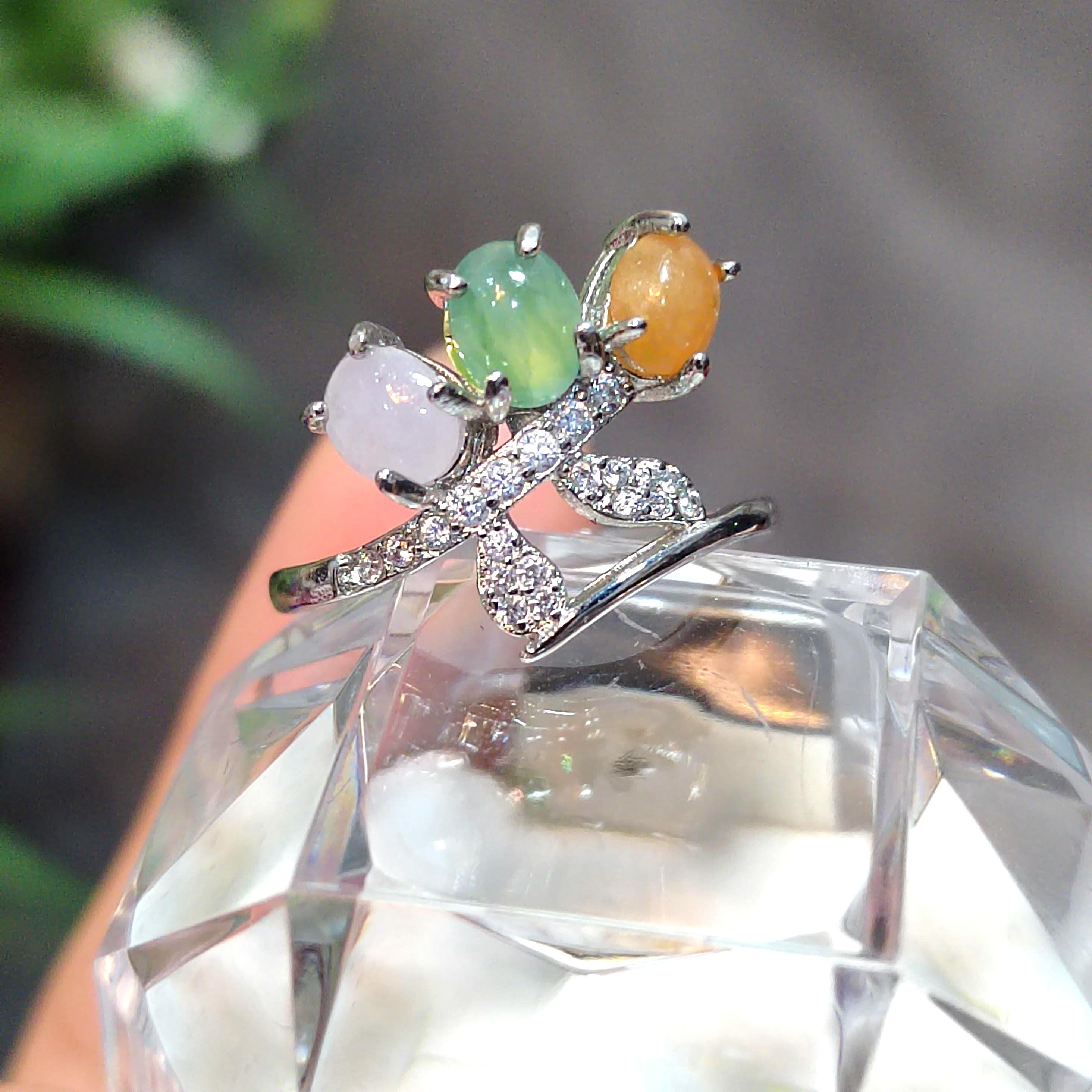 3 Colors Certified Natural Gemstone Untreated Burmese Jadeite Elegant Lower Leaf Yellow, Green, White with Zircon Accents S925 Ring SL134
