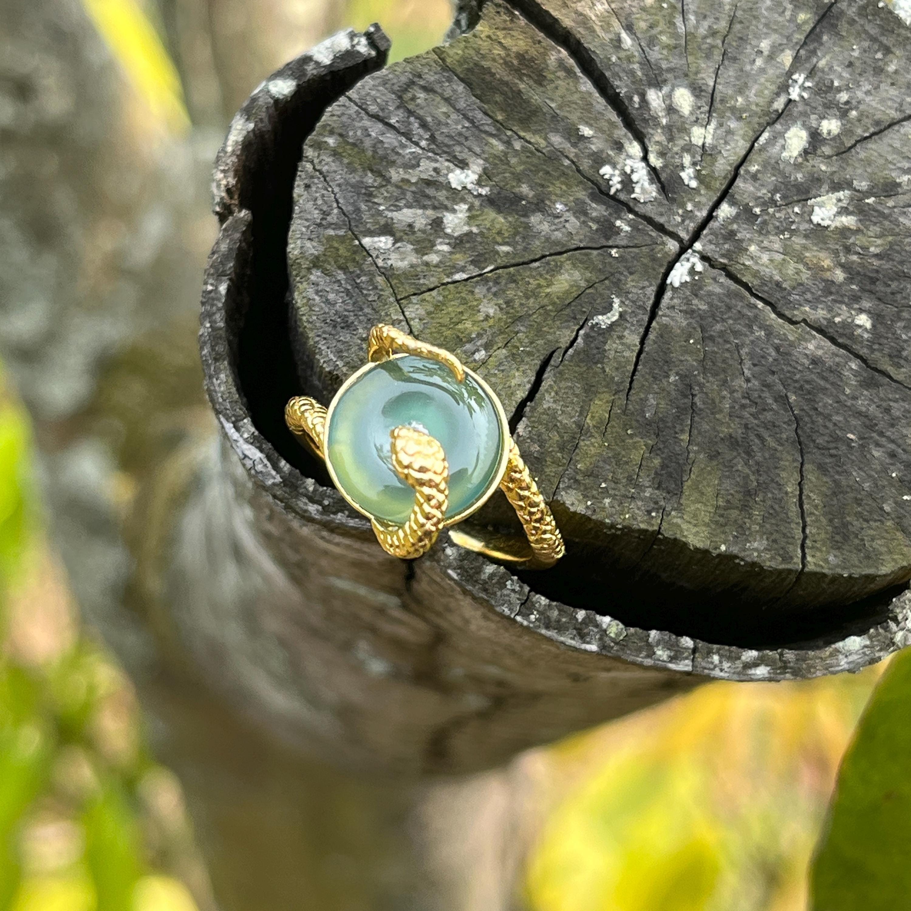 Certified Natural Untreated Guatemala Ocean Blue Donut Snake Jadeite 14k Gold Plated on S925 Sterling Silver Ring SL370x38