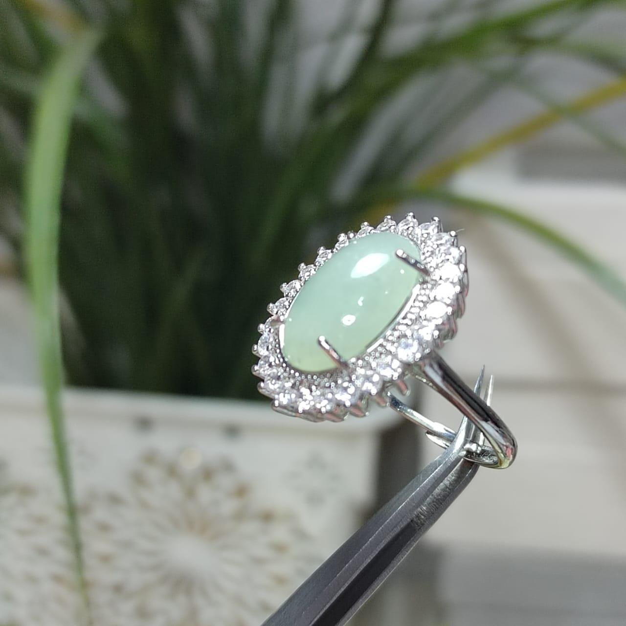 Burmese Gemstone Creamy Green Jadeite Ring | Zircon Accent | S925 Plated with 18K White Gold SL086