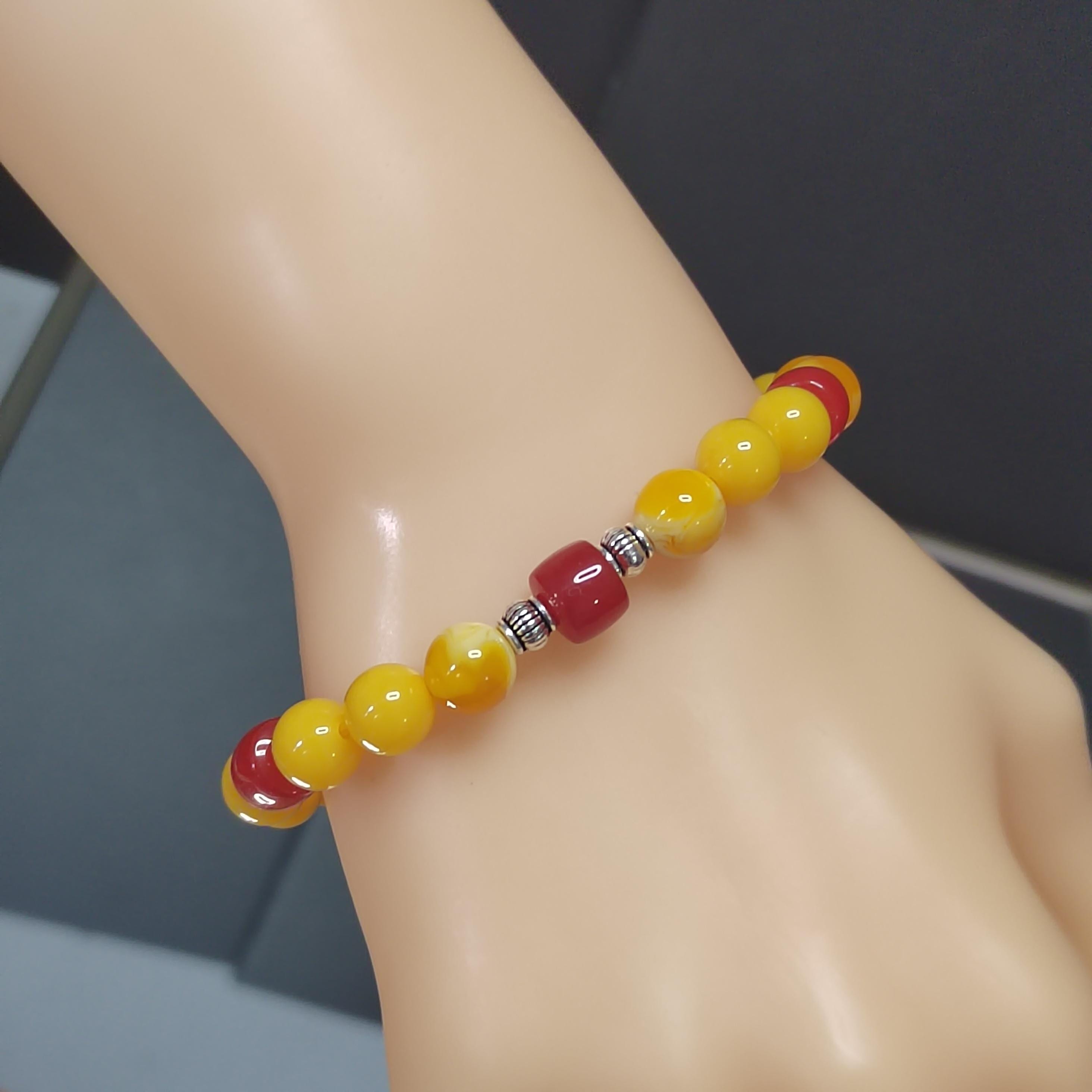 Natural Handmade Russian Baltic Beeswax Amber & China Southern Nanhong Agate S999 Pure Silver Bead Bracelet - Gifts for Her SL328