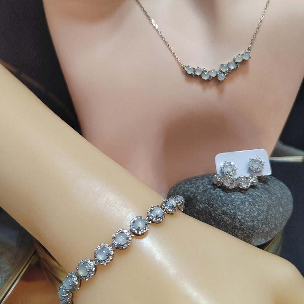 4pcs Set Women Burmese Gemstone A Grade Natural Untreated White Icy Zirconia Jadeite Earrings, Ring, Necklace, Bracelets SL130