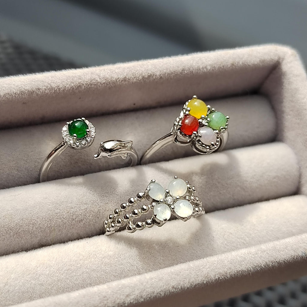 3pcs Set Natural Burmese Jadeite Rings | Four-Color Lucky Flower, Dolphin Green Jade, White Flower Design | Adjustable S925 Silver SL409