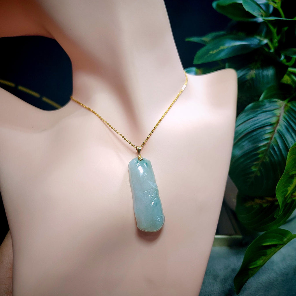Certified Burmese Natural Gemstone A-Grade Hand Carved Bamboo Jadeite 竹竿 - 步步高升 18k Solid Gold Jewelry for Women Mom SL8018 - SL Precious