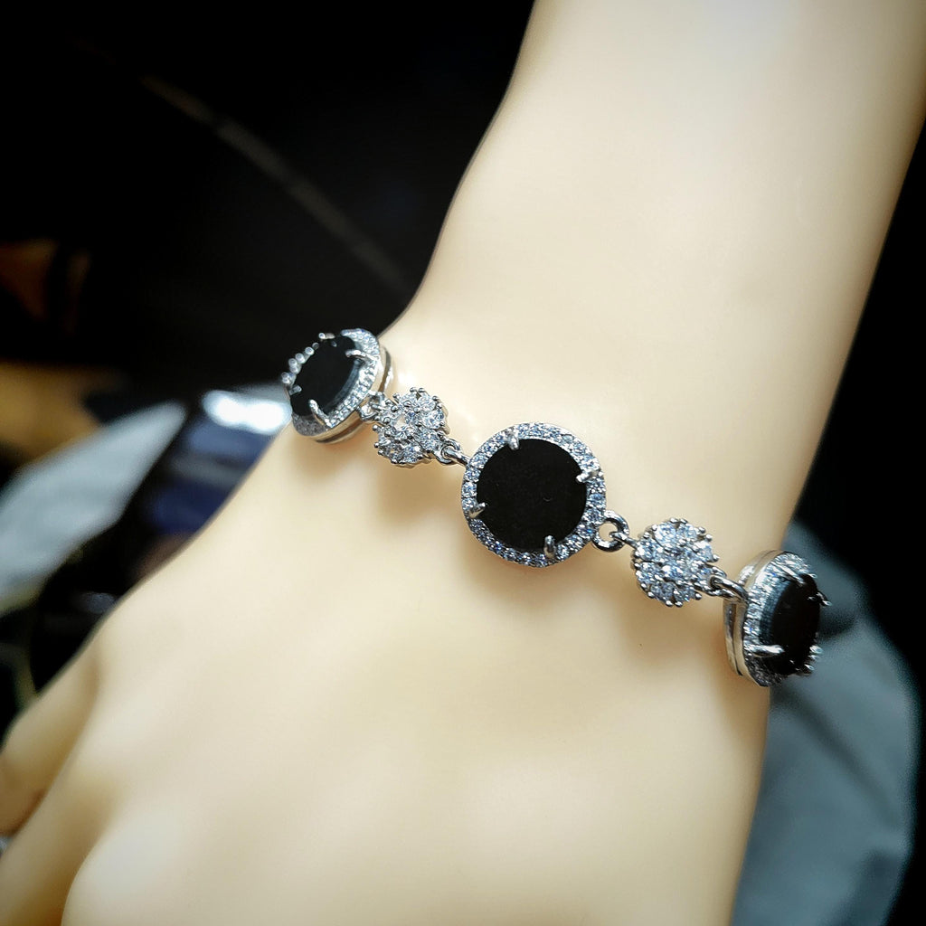 Certified Unique Natural Untreated Burmese Black Ink Jadeite Bracelet Full with Zircon Stone Set SL373