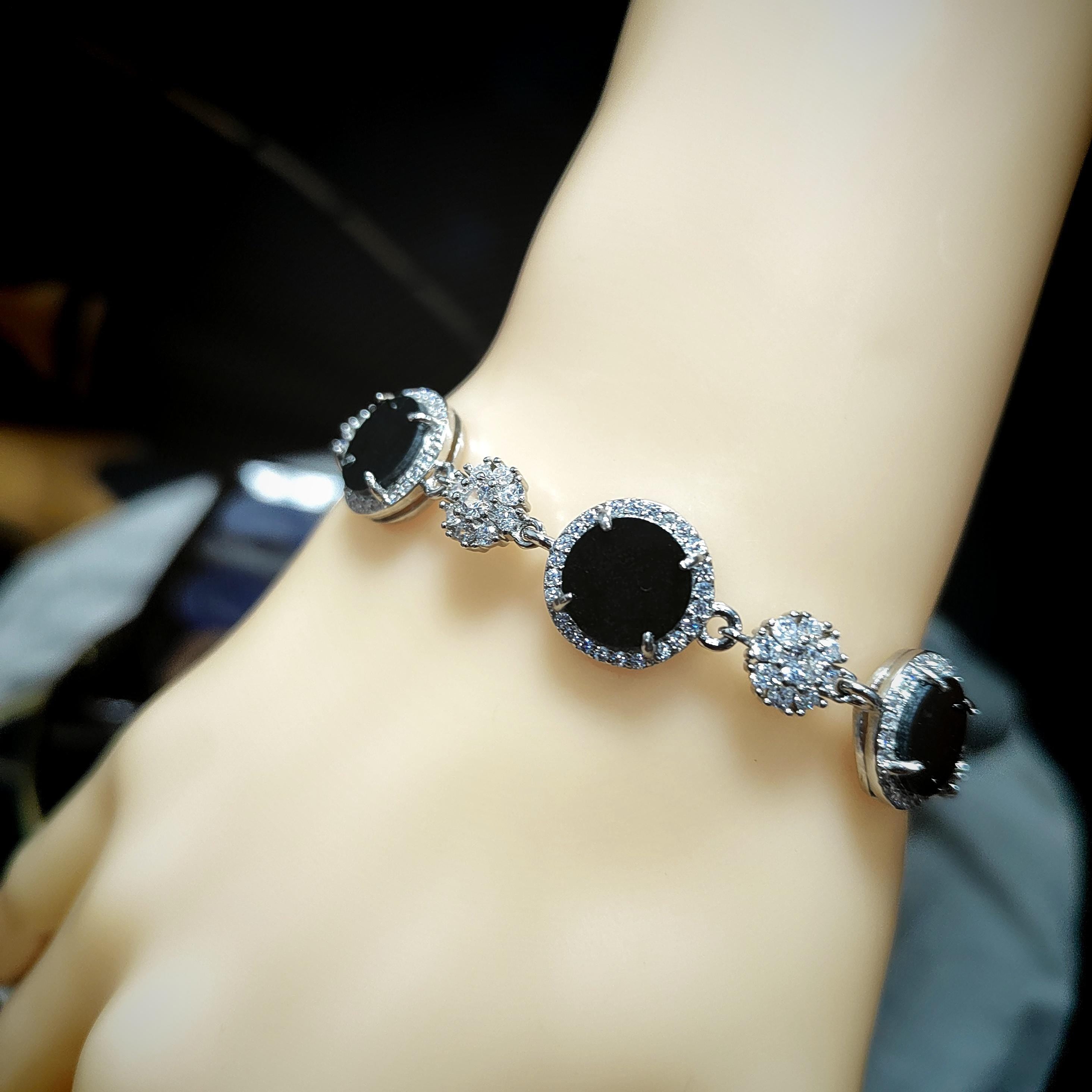 Certified Unique Natural Untreated Burmese Black Ink Jadeite Bracelet Full with Zircon Stone Set SL373