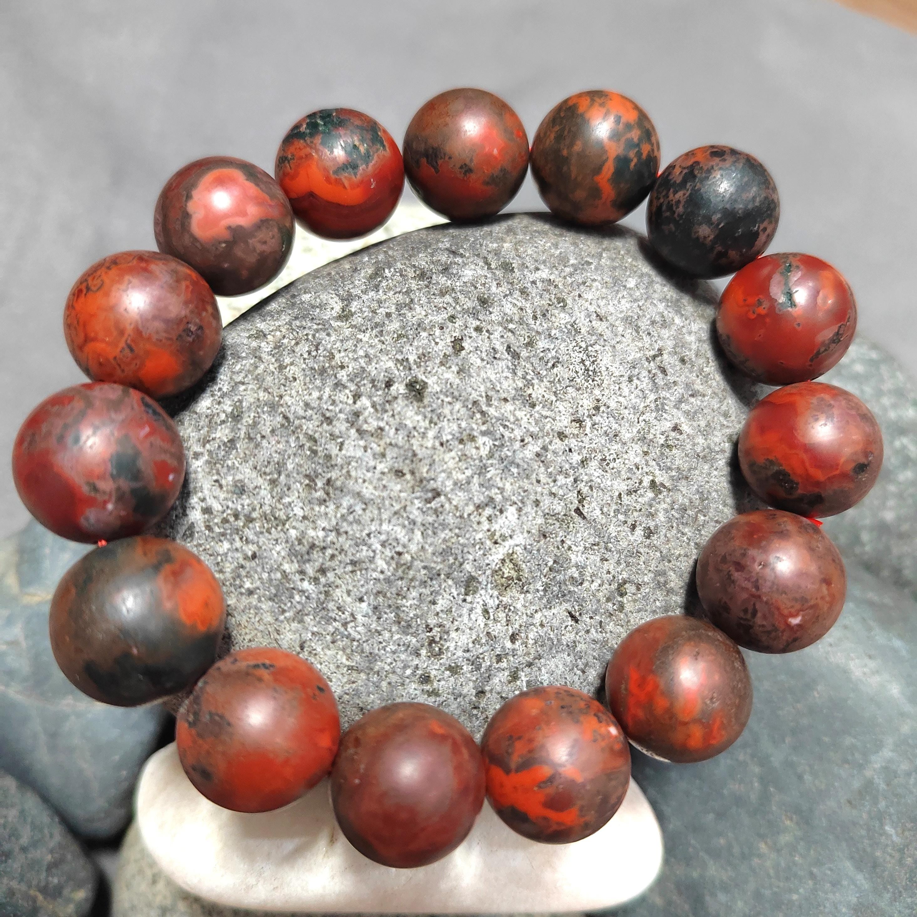 Certified A-Grade Natural Southern Sichuan Liangshan Waxi Deep Red|Black Raw Skin Nanhong Agate Beads Bracelet 15mm SL387