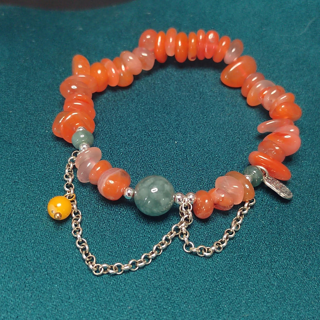 Natural Handmade China Icy Uneven Cut Orange Red Nanhong Agate, Beeswax Amber & Burmese Jadeite Bead Bracelet Jewelry SL326