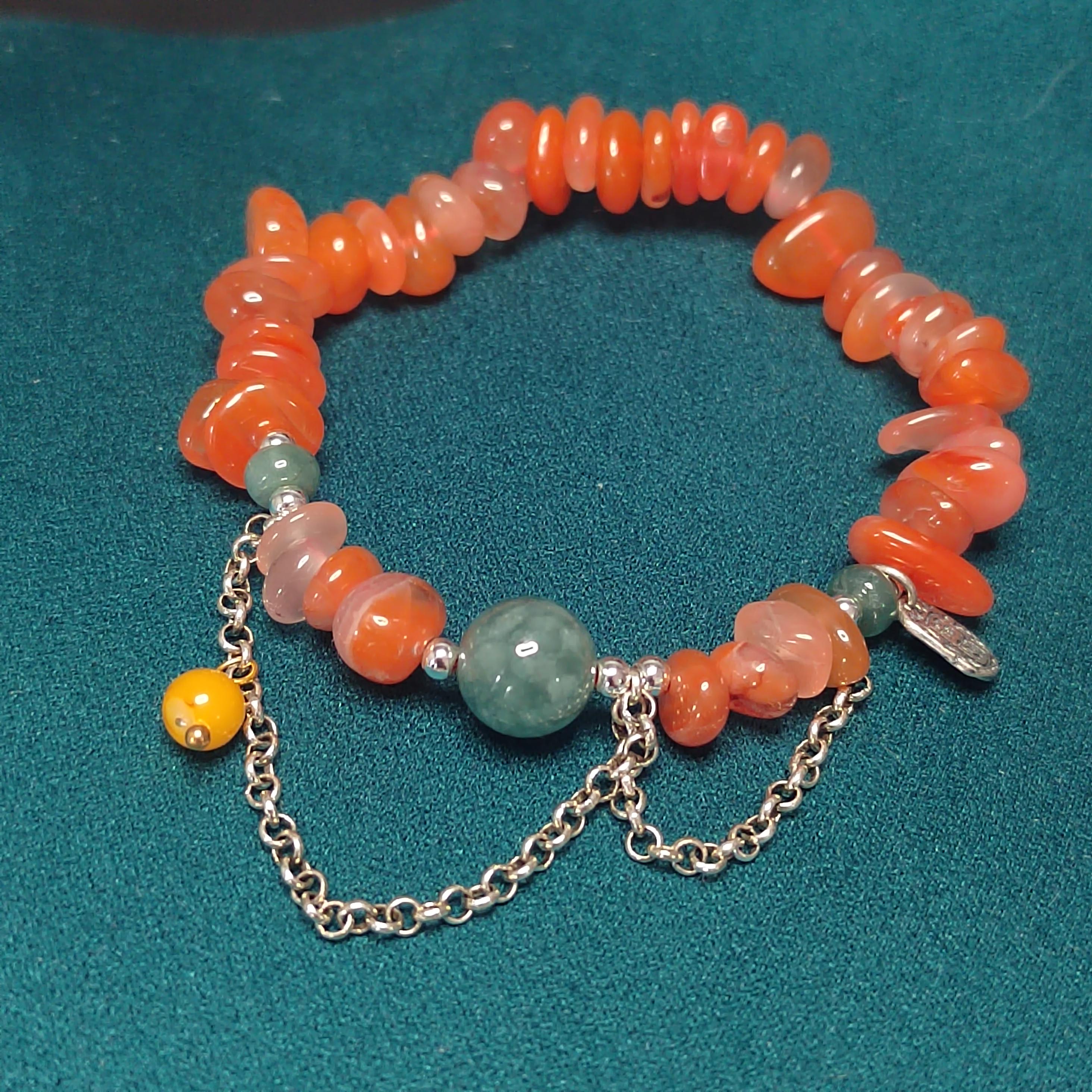 Natural Handmade China Icy Uneven Cut Orange Red Nanhong Agate, Beeswax Amber & Burmese Jadeite Bead Bracelet Jewelry SL326