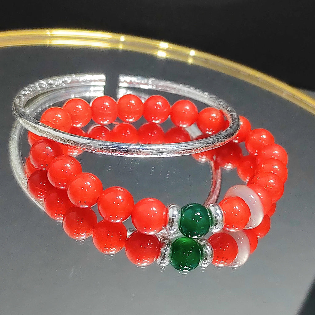 Natural Baoshan Nanhong Red Agate Bead Bracelet & Bangle Set | S9999 Pure Silver Bangle/Bead Green Agate | 4 Designs SL285 SL286 SL287 SL288