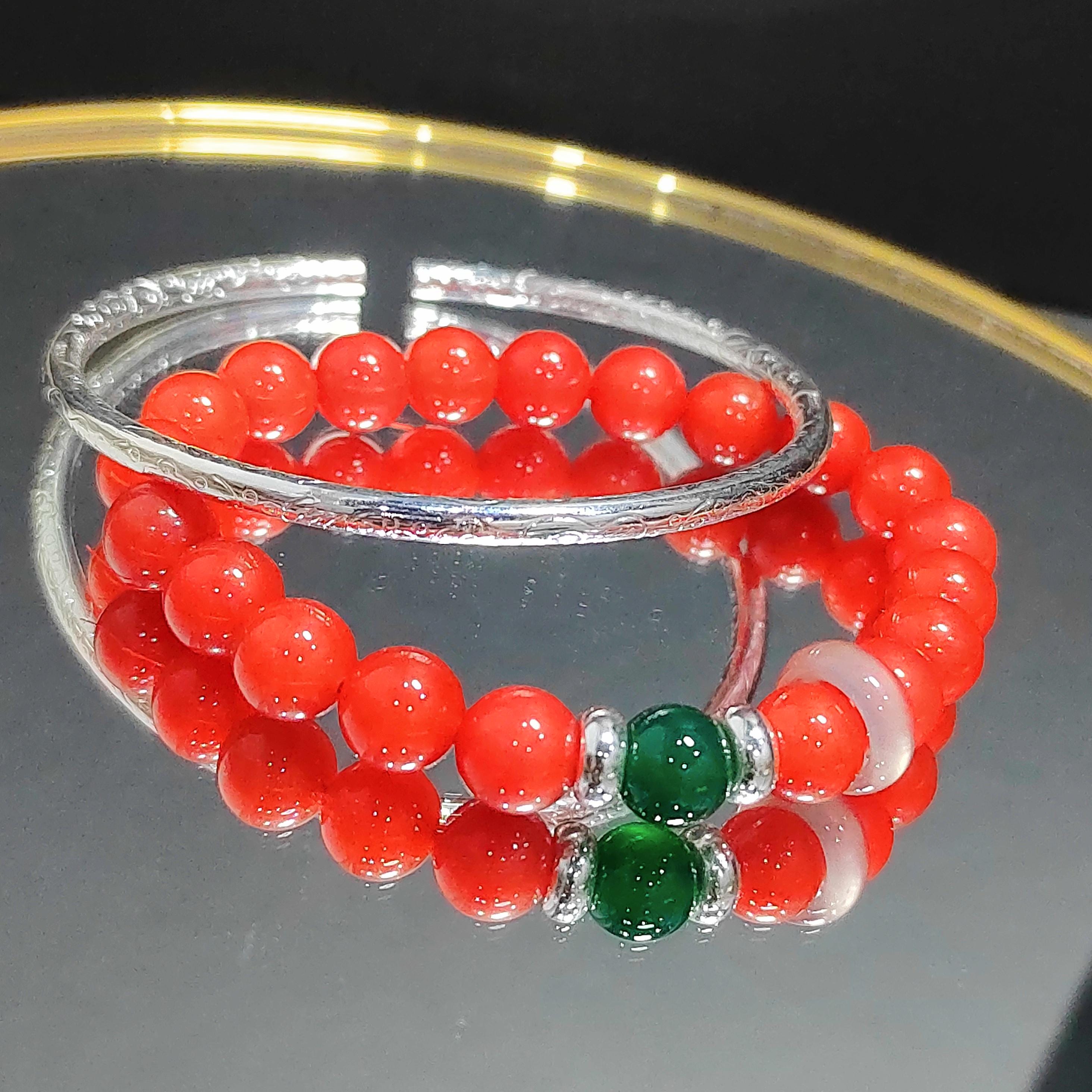 Natural Baoshan Nanhong Red Agate Bead Bracelet & Bangle Set | S9999 Pure Silver Bangle/Bead Green Agate | 4 Designs SL285 SL286 SL287 SL288