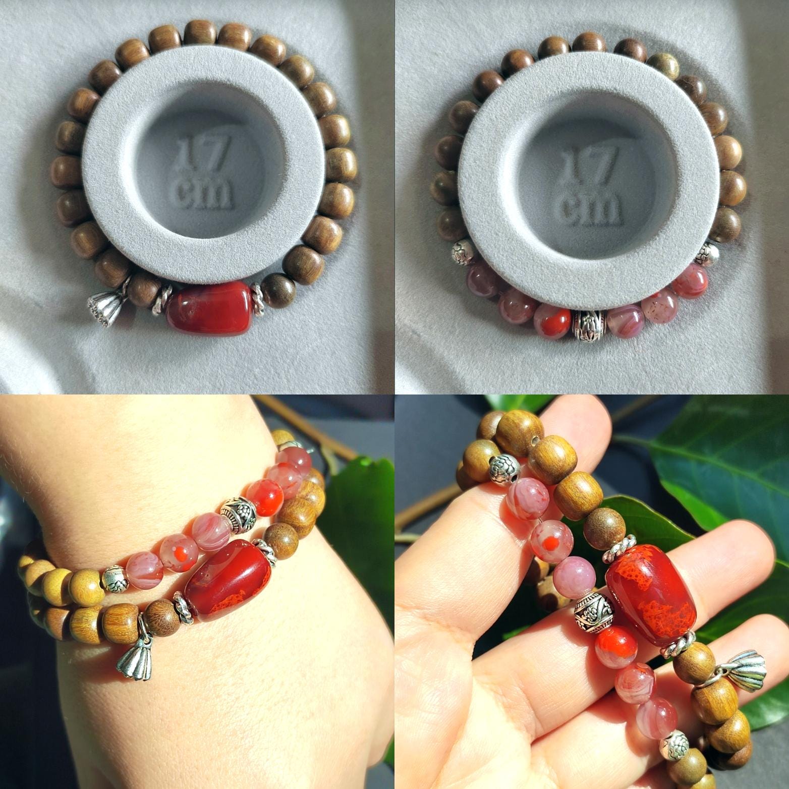 Nanhong Agate & Sandalwood Bracelet: 999 Silver Beads, Aromatherapy Jewelry SL403