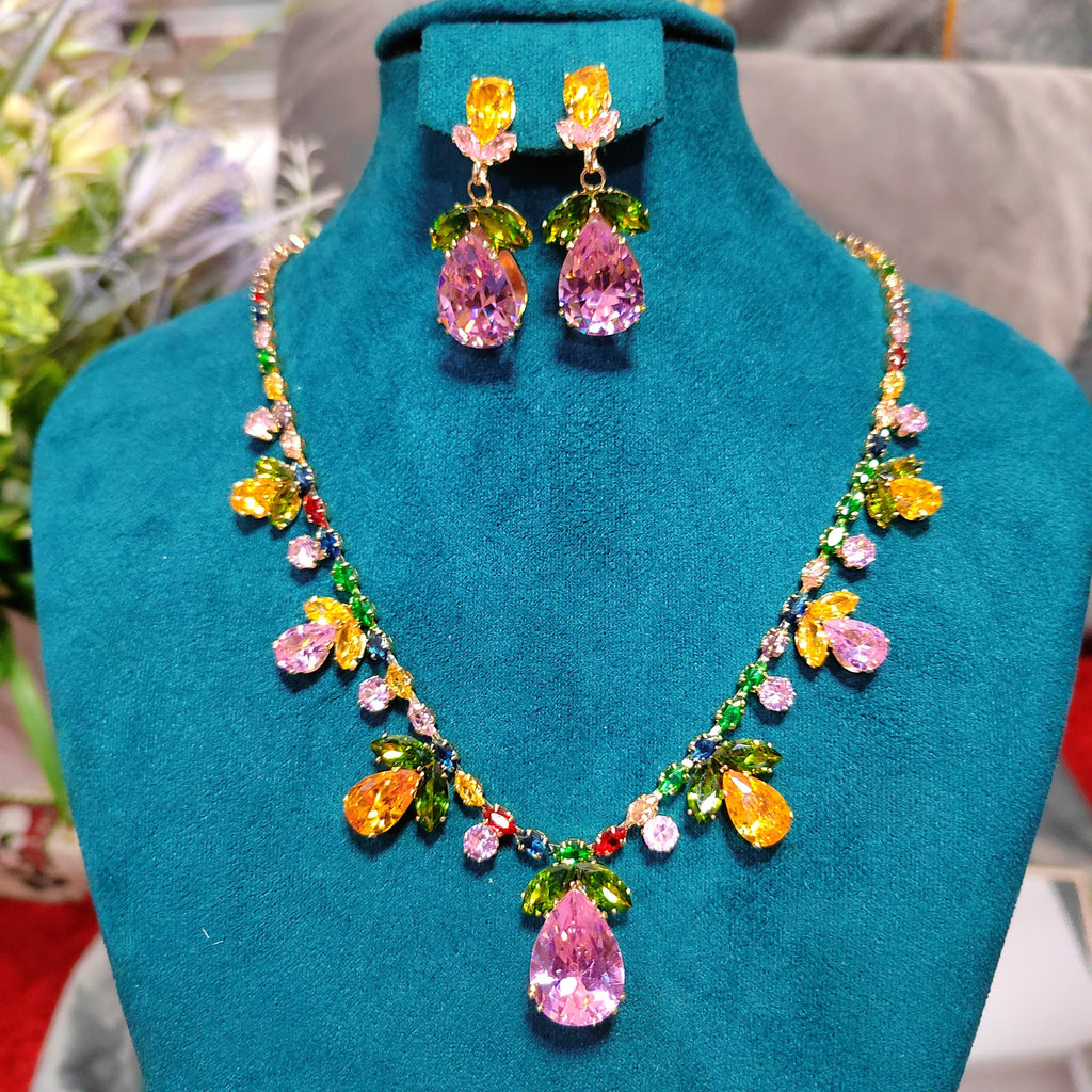 Zircon Flower Leaf Jewelry Set: Teardrop Necklace & Earrings SL153 - SL Precious