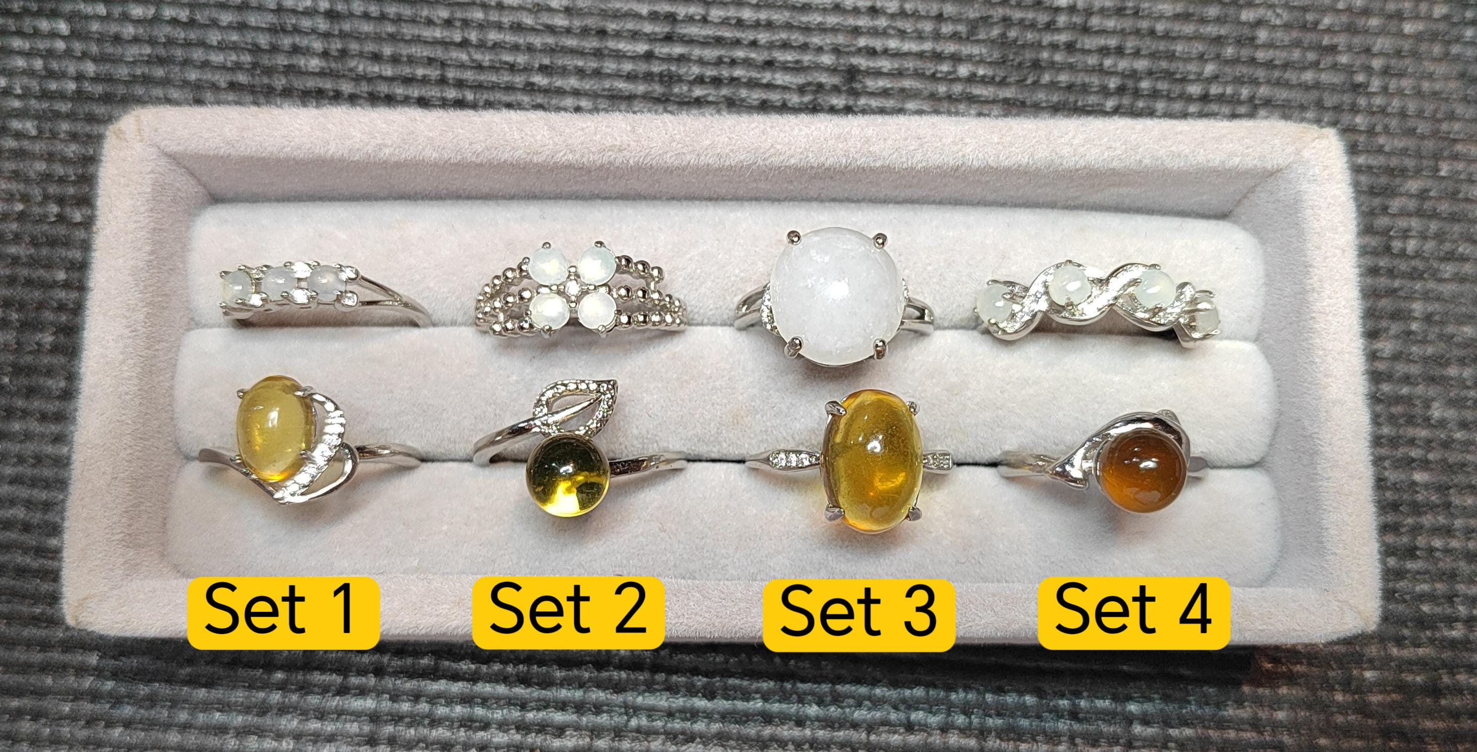 Burmese Blue Amber & Jadeite Ring Set: 18K Gold-Plated S925 Silver, Adjustable SL417