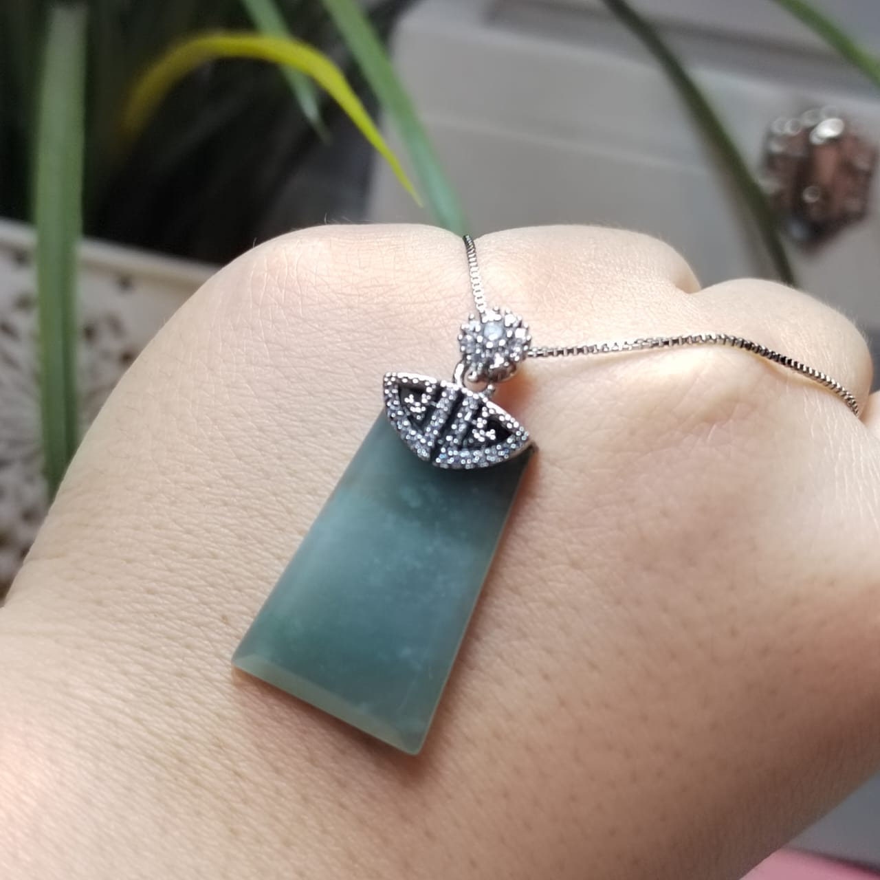 Guatemala Icy White Green Blue Sky Trapezoid Jadeite Pendant | A-Grade Natural | Women & Men | Zirconia Accents SL041 - SL Precious