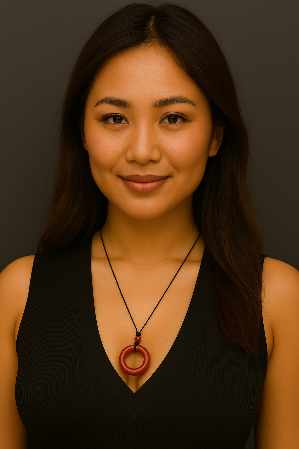 Woman wearing a black sleeveless top with a necklace against a dark background