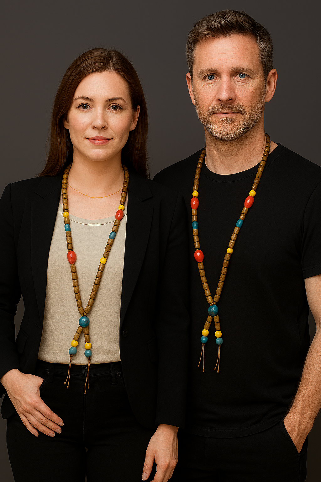 Two people wearing colorful beaded necklaces against a dark background