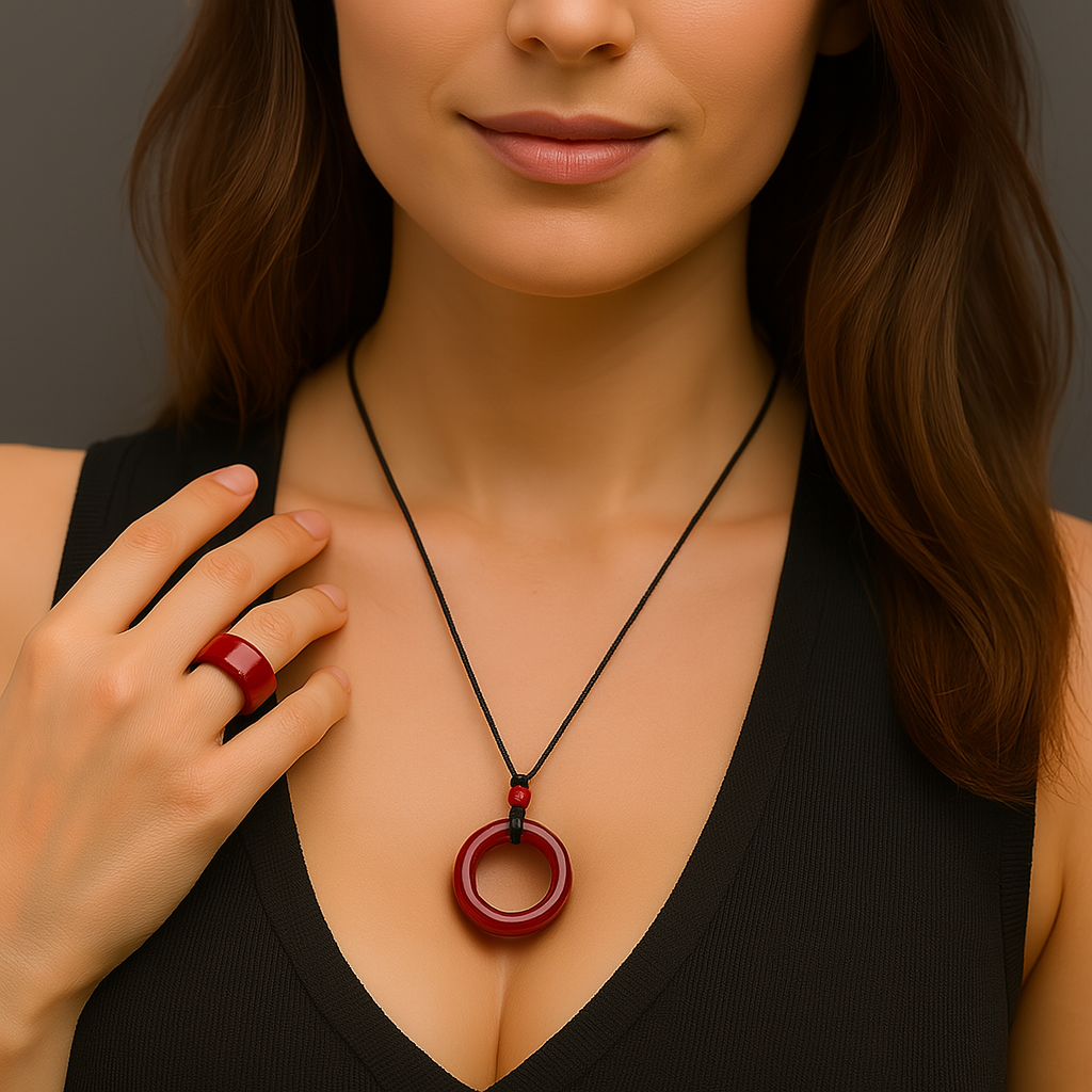 Woman wearing a black top and a necklace with a red pendant against a neutral background